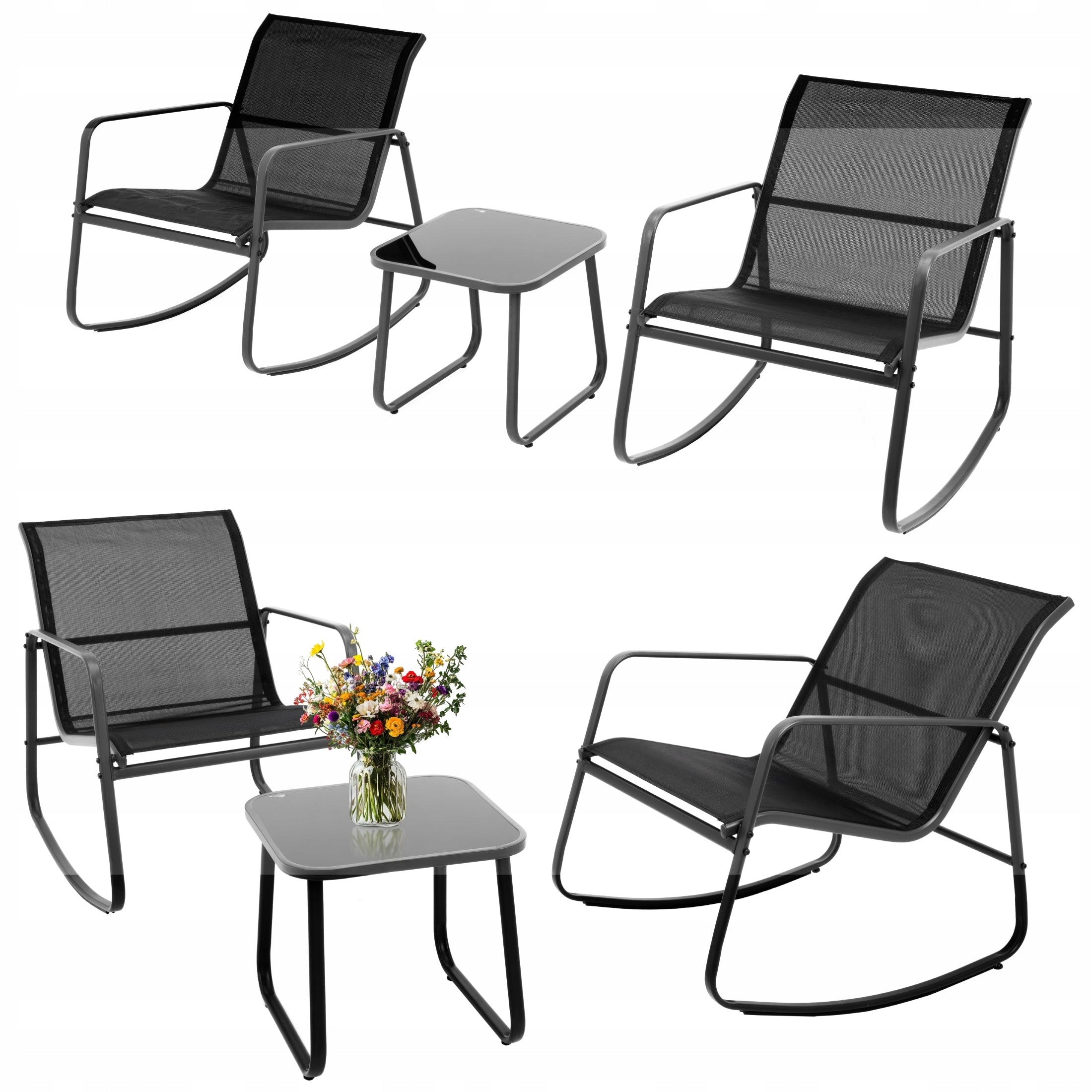 GARDEN Furniture Set 2 Chair Chairs ROCKING Textile Glass Table
