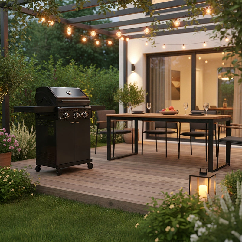 GARDEN GAS GRILL WITH LID AND SHELVES CAST IRON GRATE 11,5 KW + COVER Grill depth 48 cm