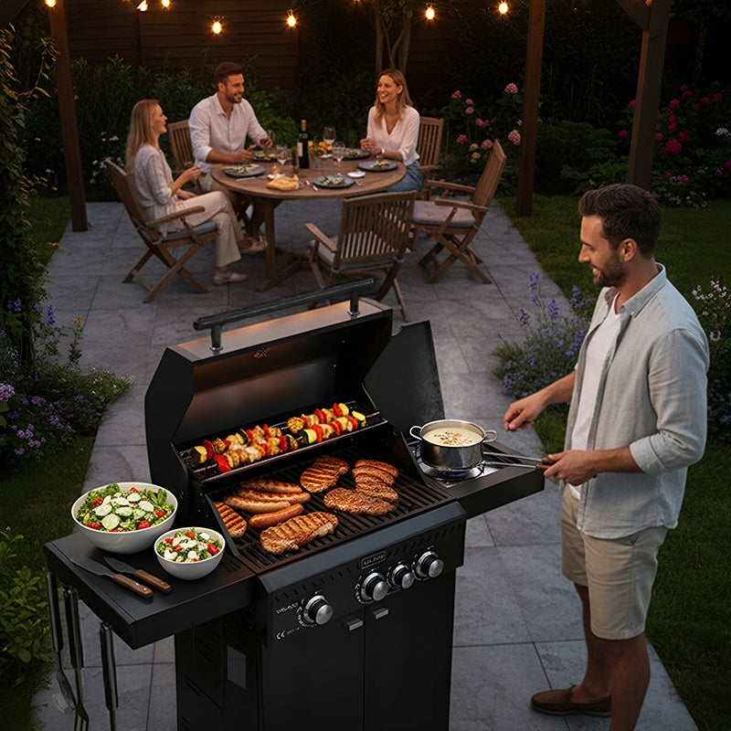 GARDEN GAS GRILL WITH LID AND SHELVES CAST IRON GRATE 11,5 KW + COVER Grill height 112 cm