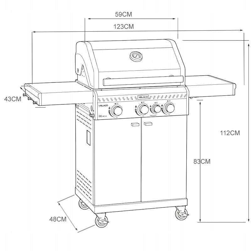 GARDEN GAS GRILL WITH LID AND SHELVES CAST IRON GRATE 11,5 KW + COVER Grill width 123 cm