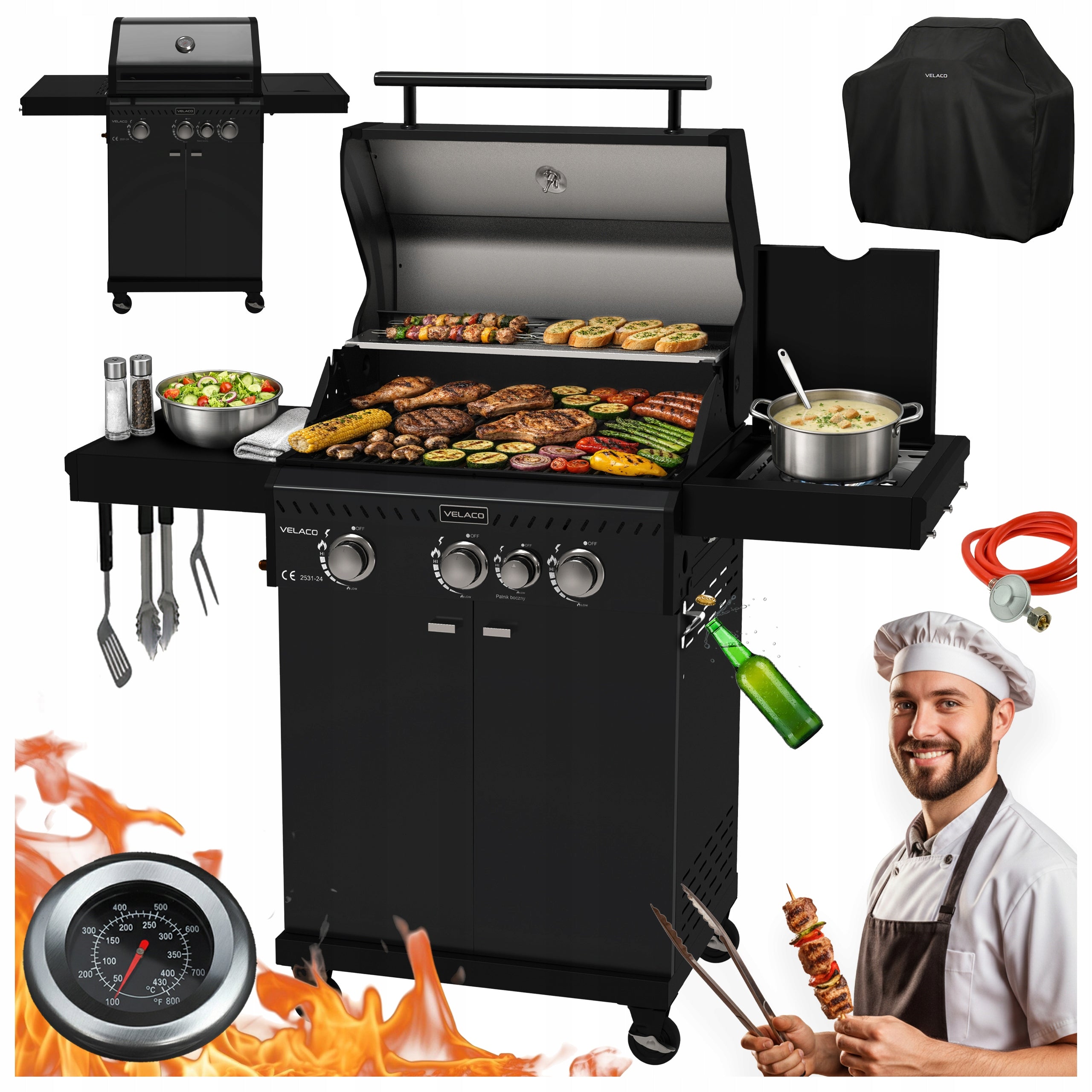GARDEN GAS GRILL WITH LID AND SHELVES CAST IRON GRATE 11,5 KW + COVER