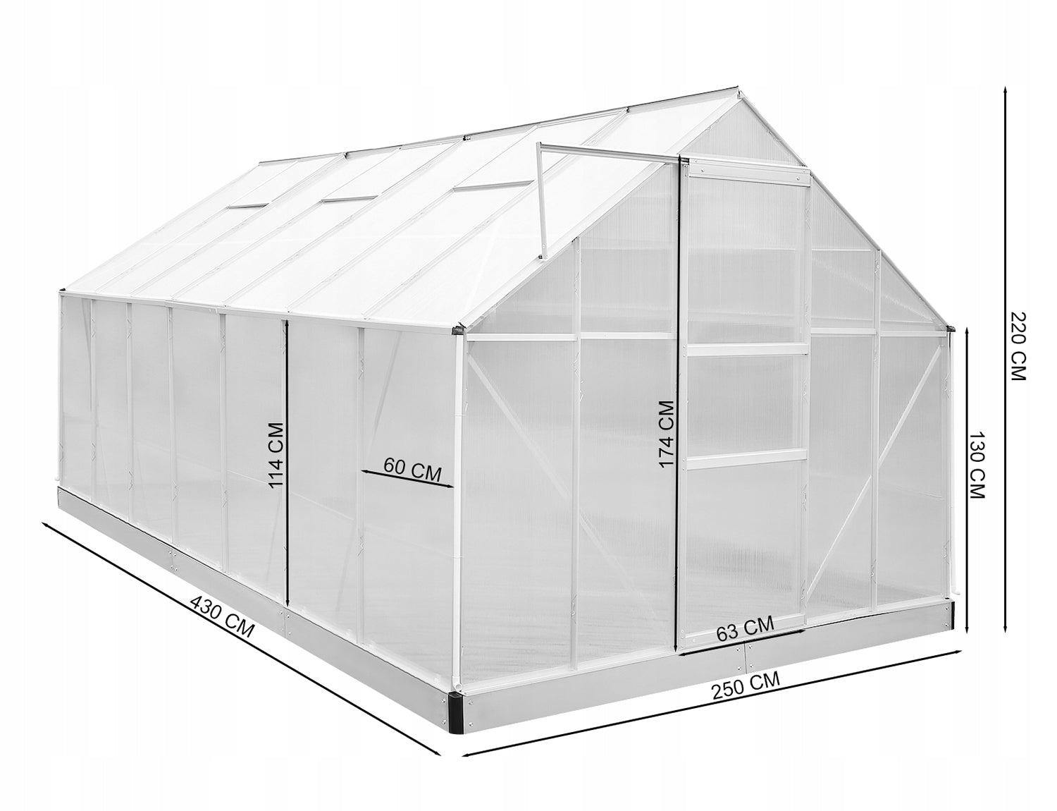 GARDEN GREENHOUSE 4,3mx2,5m ALUMINUM POLYCARBONATE 6mm +FOUNDATION WITH ANCHORS Product height 220 cm