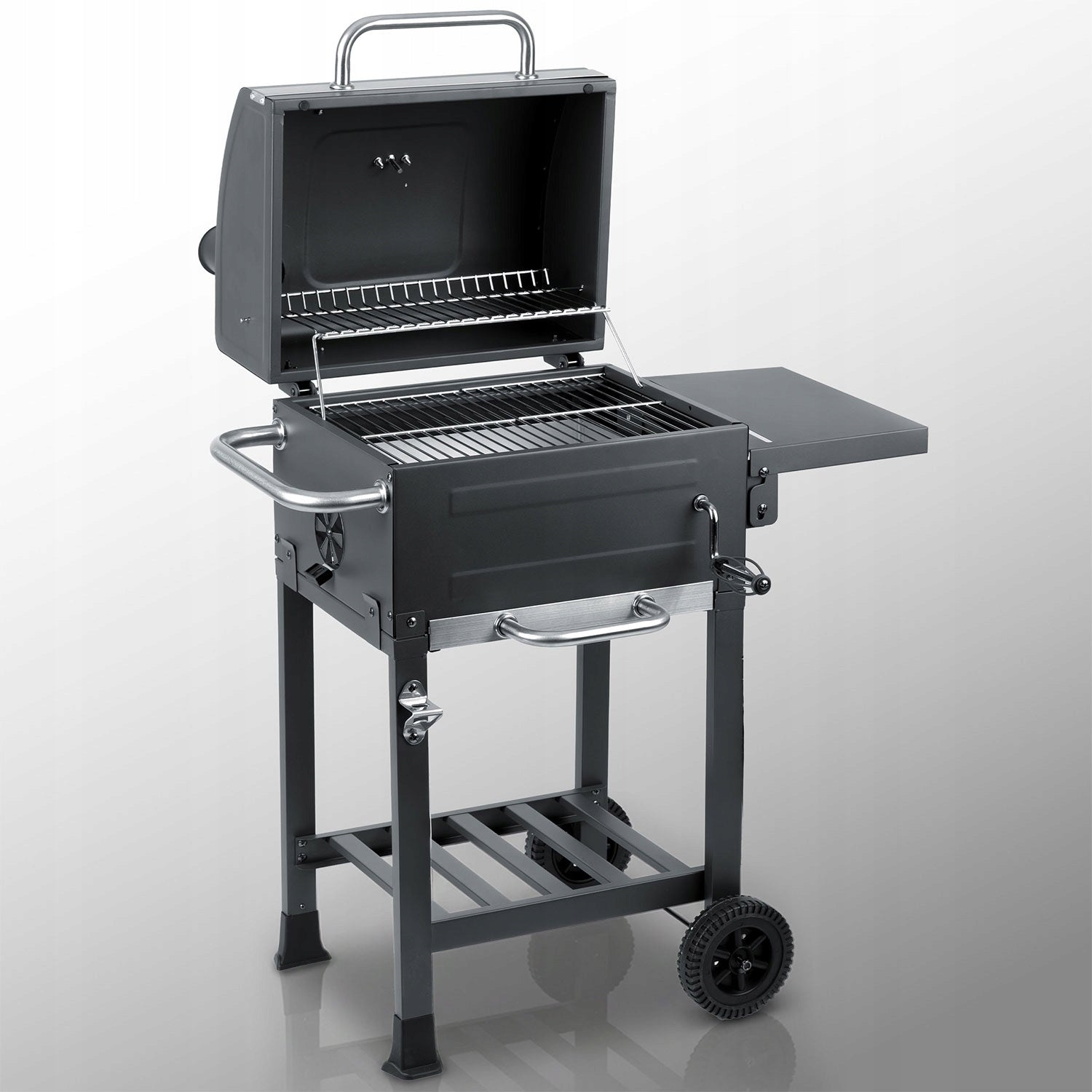 GARDEN GRILL CHARCOAL CHIMNEY STEEL GRATE 40 x 31,5 cm LARGE + THERMOMETER Grill height 106 cm