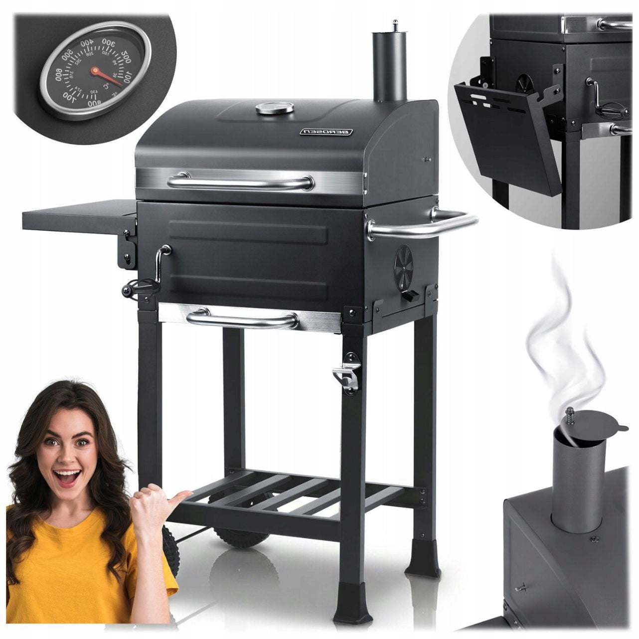 GARDEN GRILL CHARCOAL CHIMNEY STEEL GRATE 40 x 31,5 cm LARGE + THERMOMETER