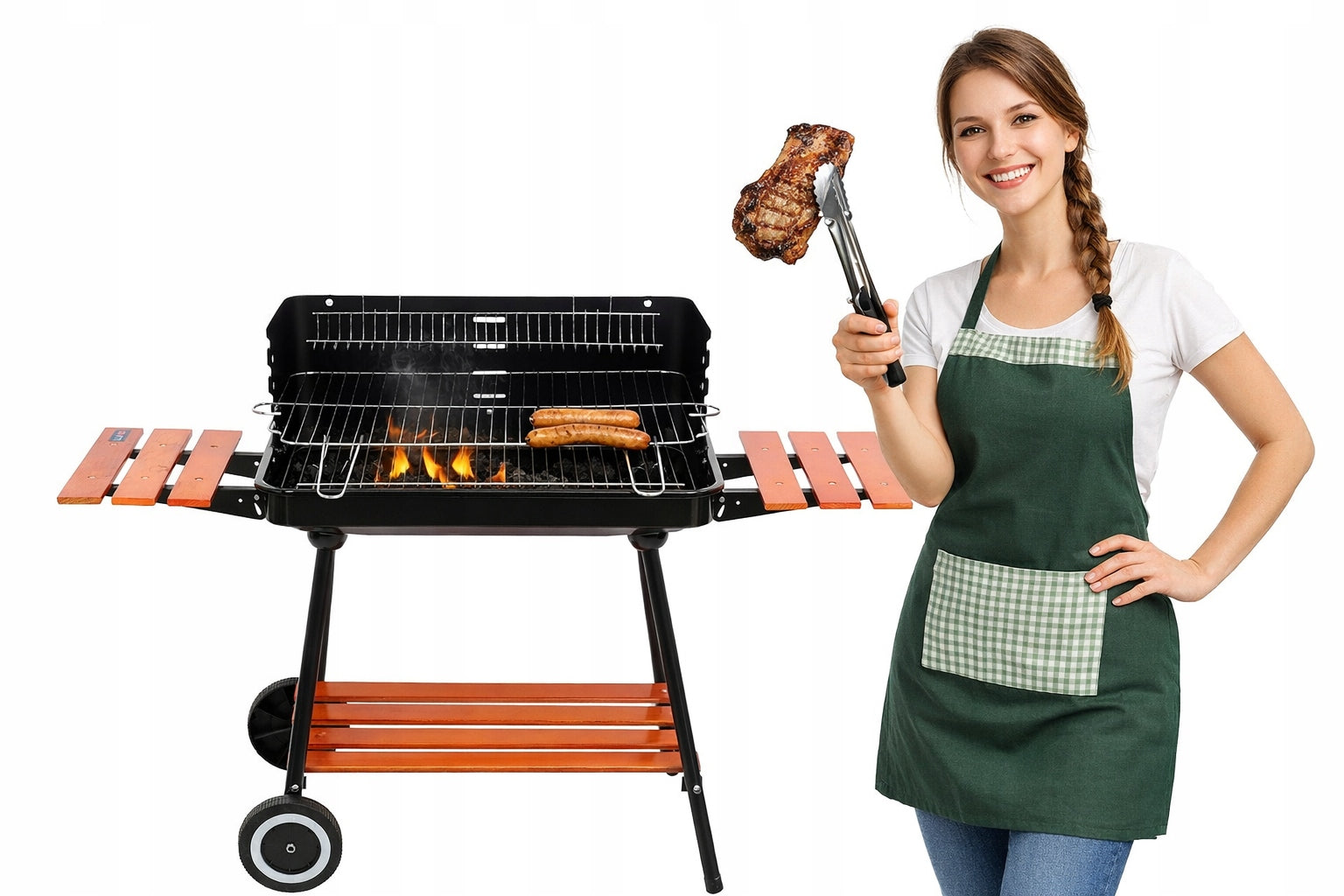 GARDEN GRILL CHARCOAL FOLDING SHELVES, WHEELS GRATE 53cm