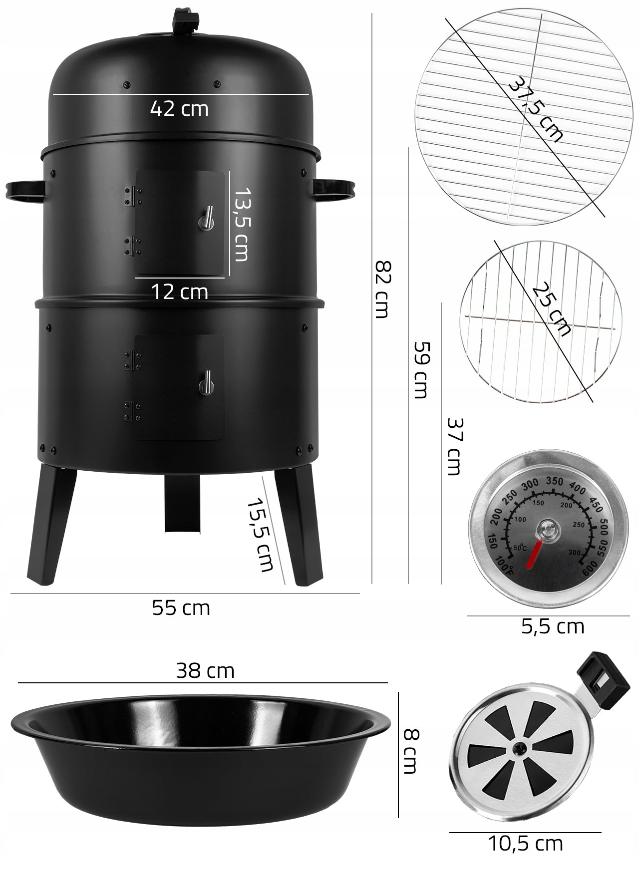 GARDEN GRILL CHARCOAL SMOKEHOUSE HEARTH THERMOMETER ROUND PORTABLE 3IN1 Manufacturer code 108085