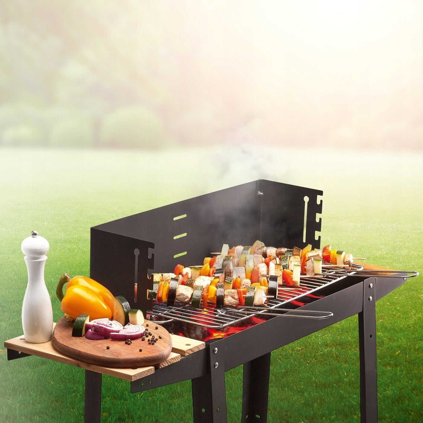 GARDEN GRILL Carbon STEEL GRATE 2 SHELVES ON WHEELS Konighoffer 80cm Grill depth 41 cm
