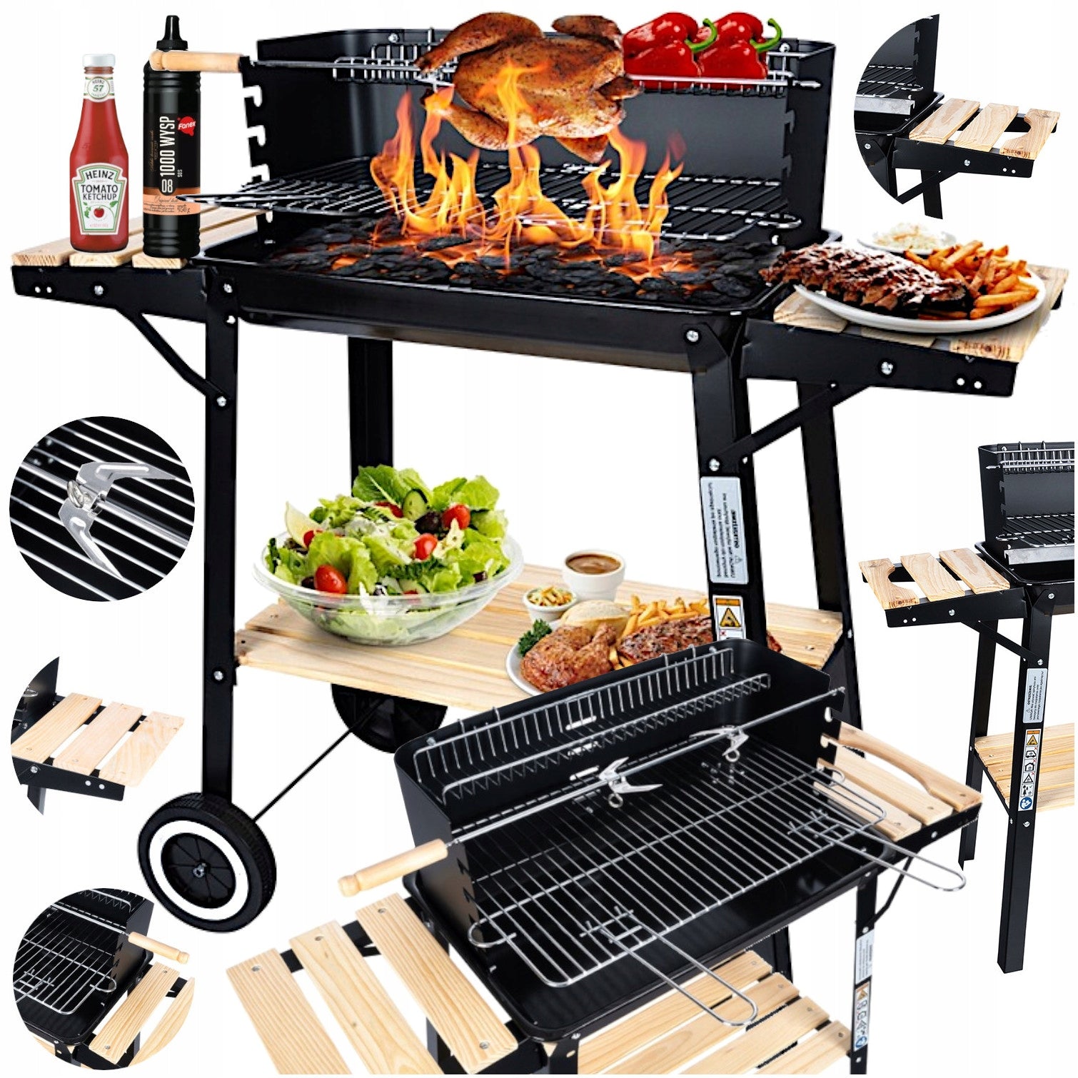 GARDEN GRILL LARGE SMART SPIT SHELVES on wheels CARBON STRONG STEEL 6in1