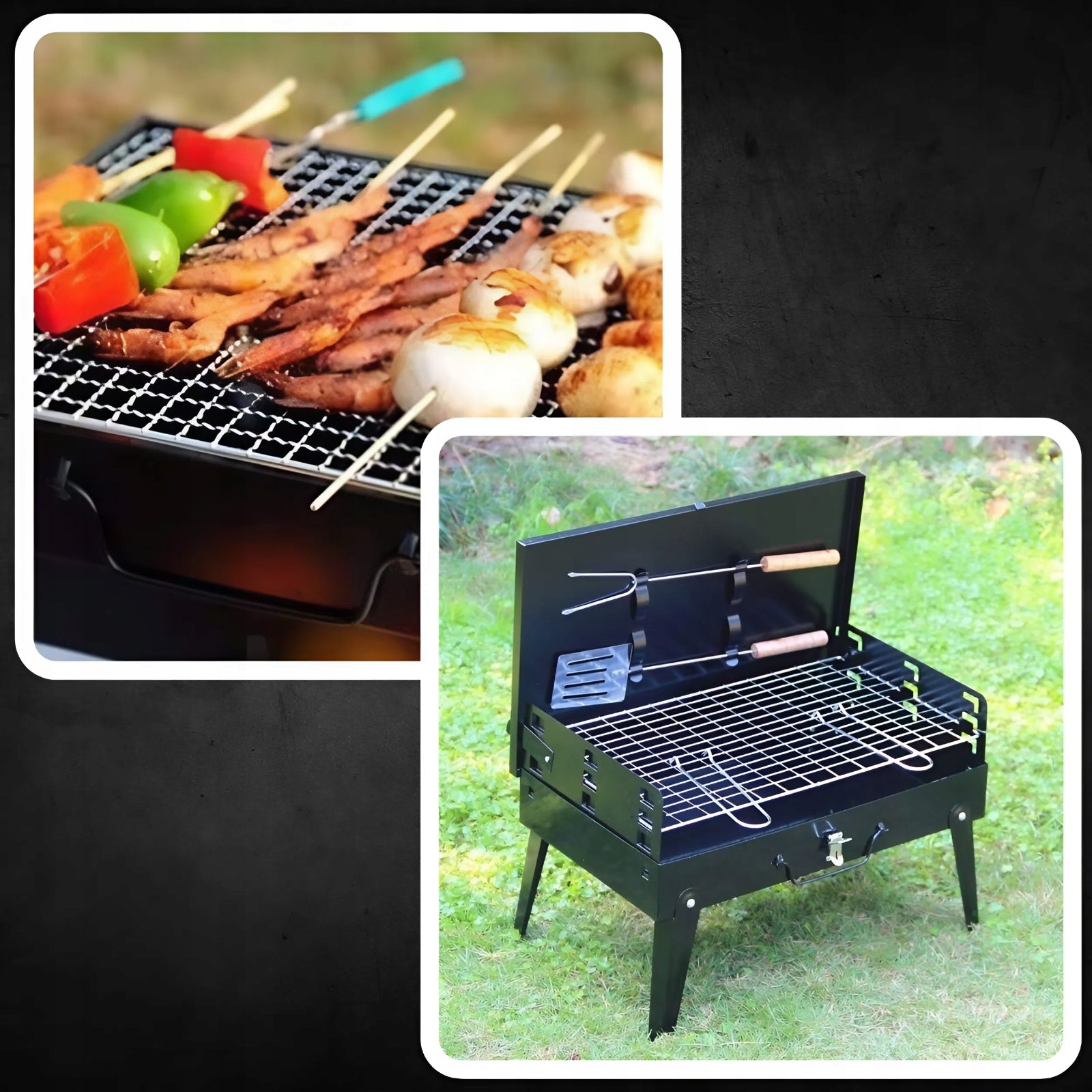 GARDEN GRILL TOURIST PORTABLE FOLDING BBQ SUITCASE + ACCESSORIES Grill width 43 cm
