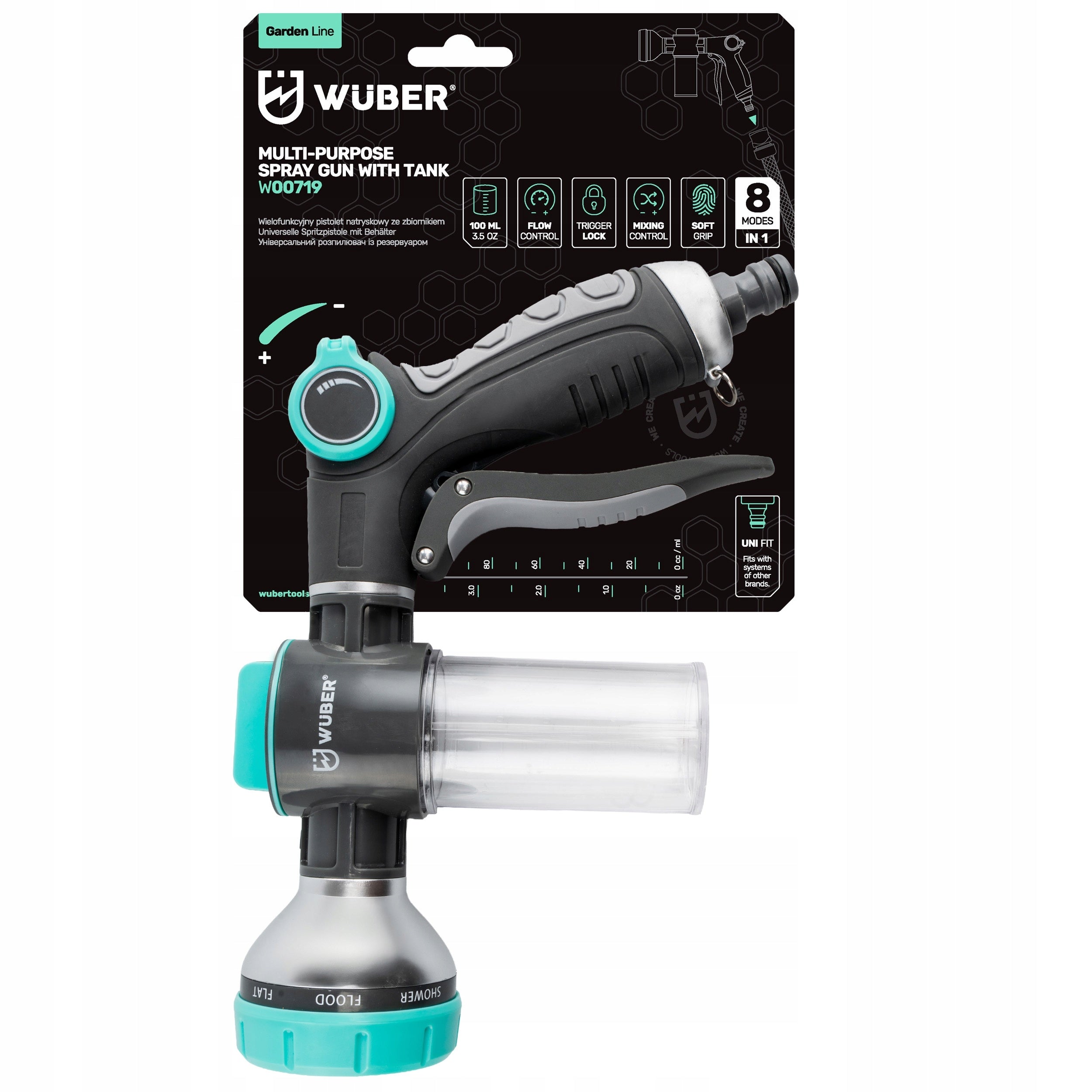 GARDEN GUN FOAMER 100ML FOR GARDEN HOSE WASHER ADJUSTABLE 8 MODES Manufacturer code W00719 PISTOLET OGRODOWY PIANOWNICA NA WĄŻ