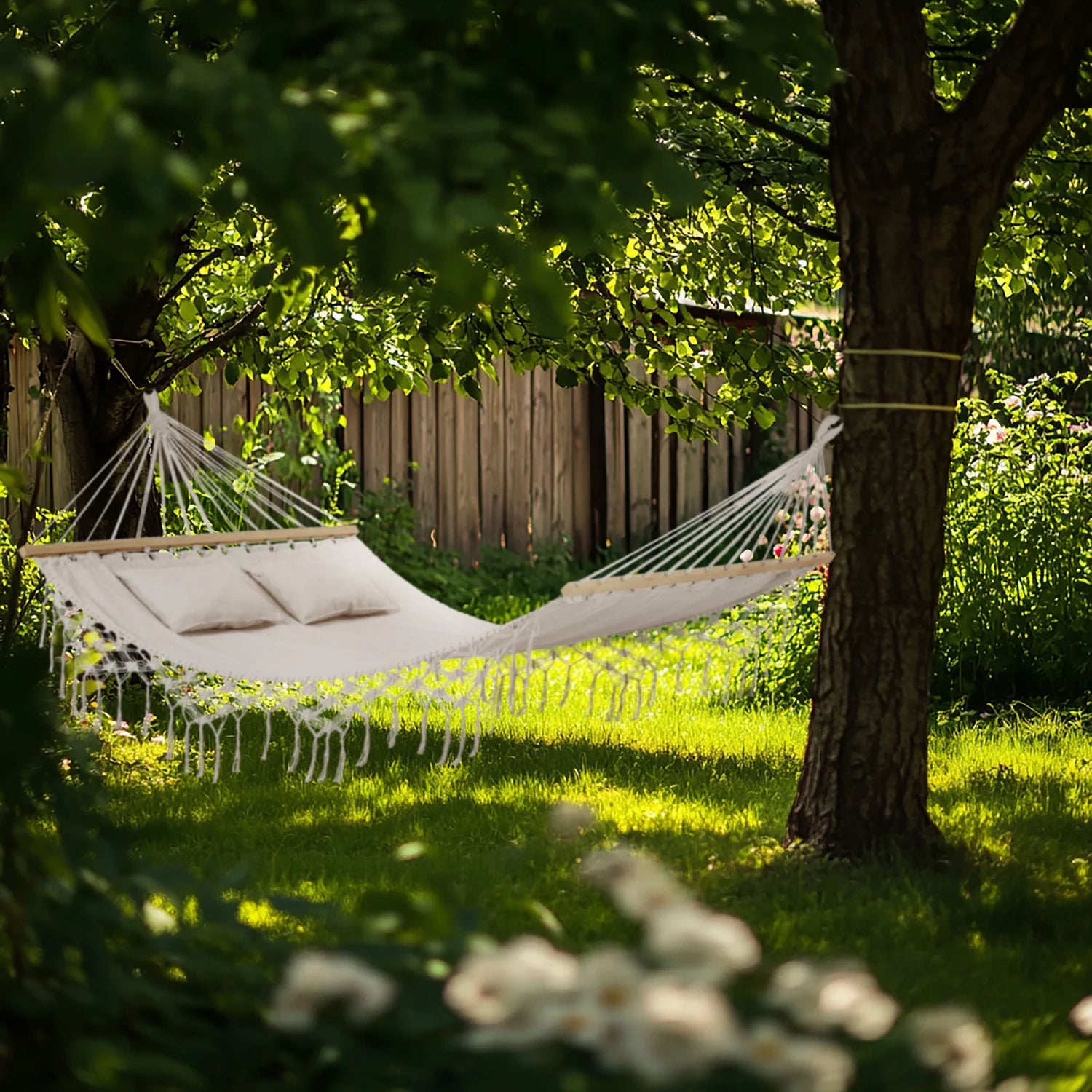 GARDEN HAMMOCK DOUBLE LARGE BOHO WITH PILLOWS AND BAR OUTTEC Material width 150 cm
