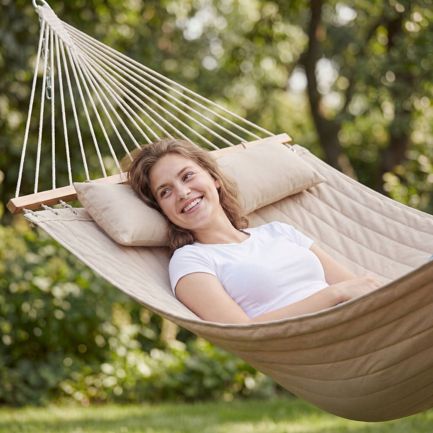 GARDEN HAMMOCK SINGLE AND DOUBLE LARGE WITH BAR CUSHIONS UP TO 300KG Packaging status original