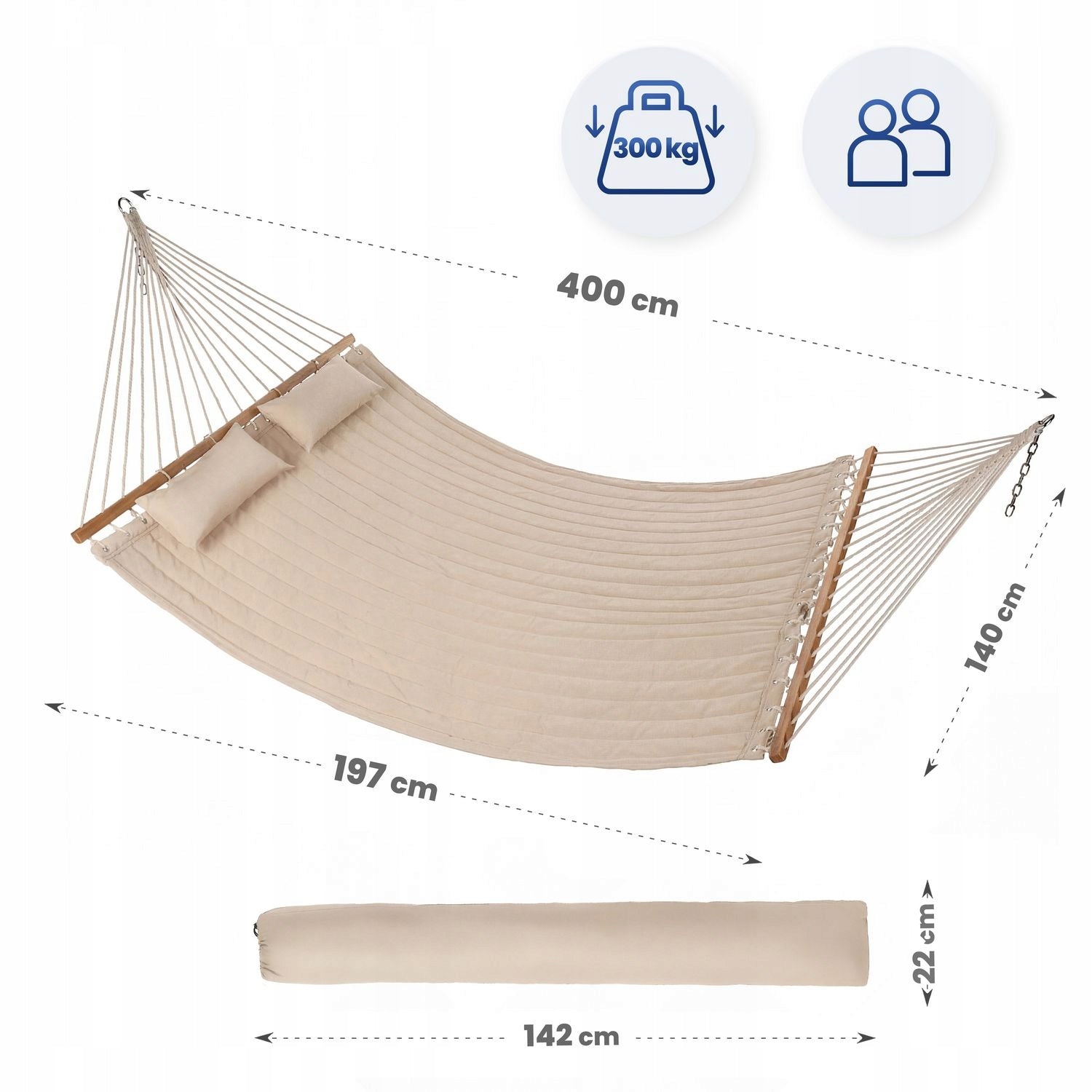GARDEN HAMMOCK SINGLE AND DOUBLE LARGE WITH BAR CUSHIONS UP TO 300KG Total length 400 cm
