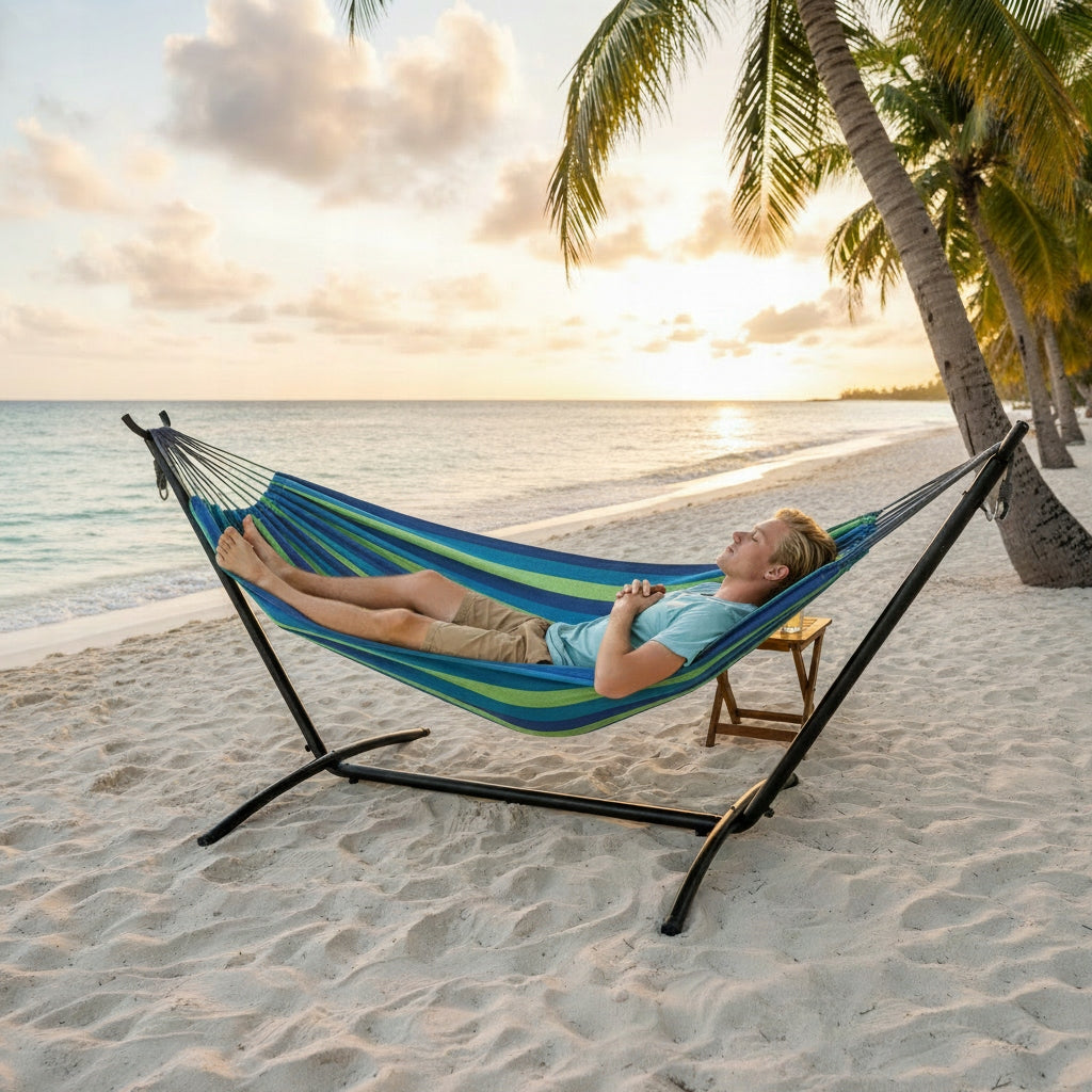 GARDEN HAMMOCK WITH FRAME DOUBLE FRAME FOR HAMMOCK COVER SET XXL Model HAMAK OGRODOWY DWUOSOBOWY LEHMANN SIESTA NIEBIESKI