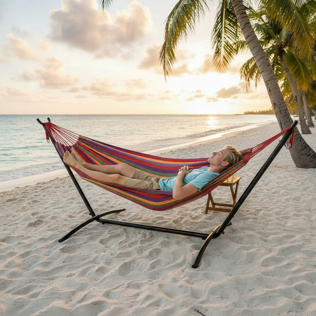 GARDEN HAMMOCK WITH FRAME DOUBLE HAMMOCK STAND SET XXL COVER Manufacturer code HAMAK ZE STELAŻEM OGRODOWY DWUOSOBOWY LEHMANN