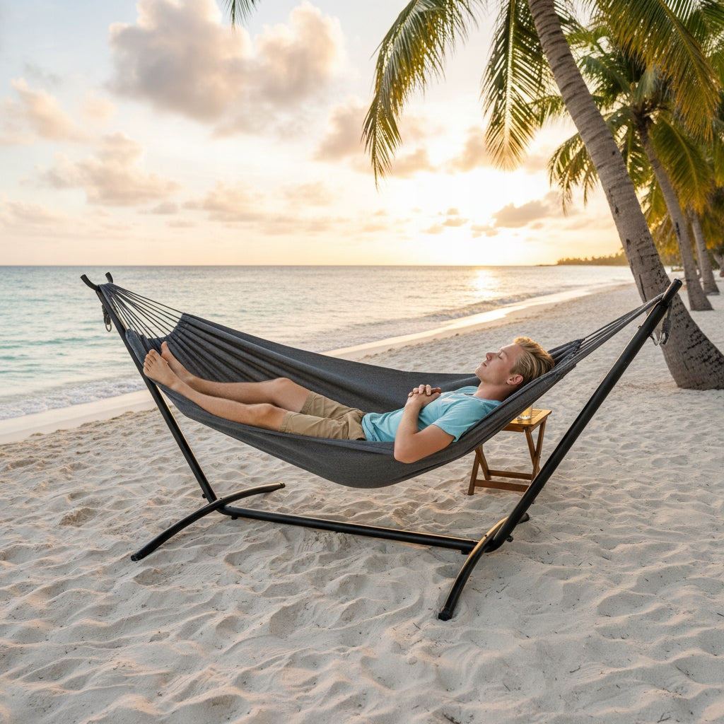 GARDEN HAMMOCK WITH FRAME DOUBLE HAMMOCK STAND STEEL + COVER Material width 150 cm