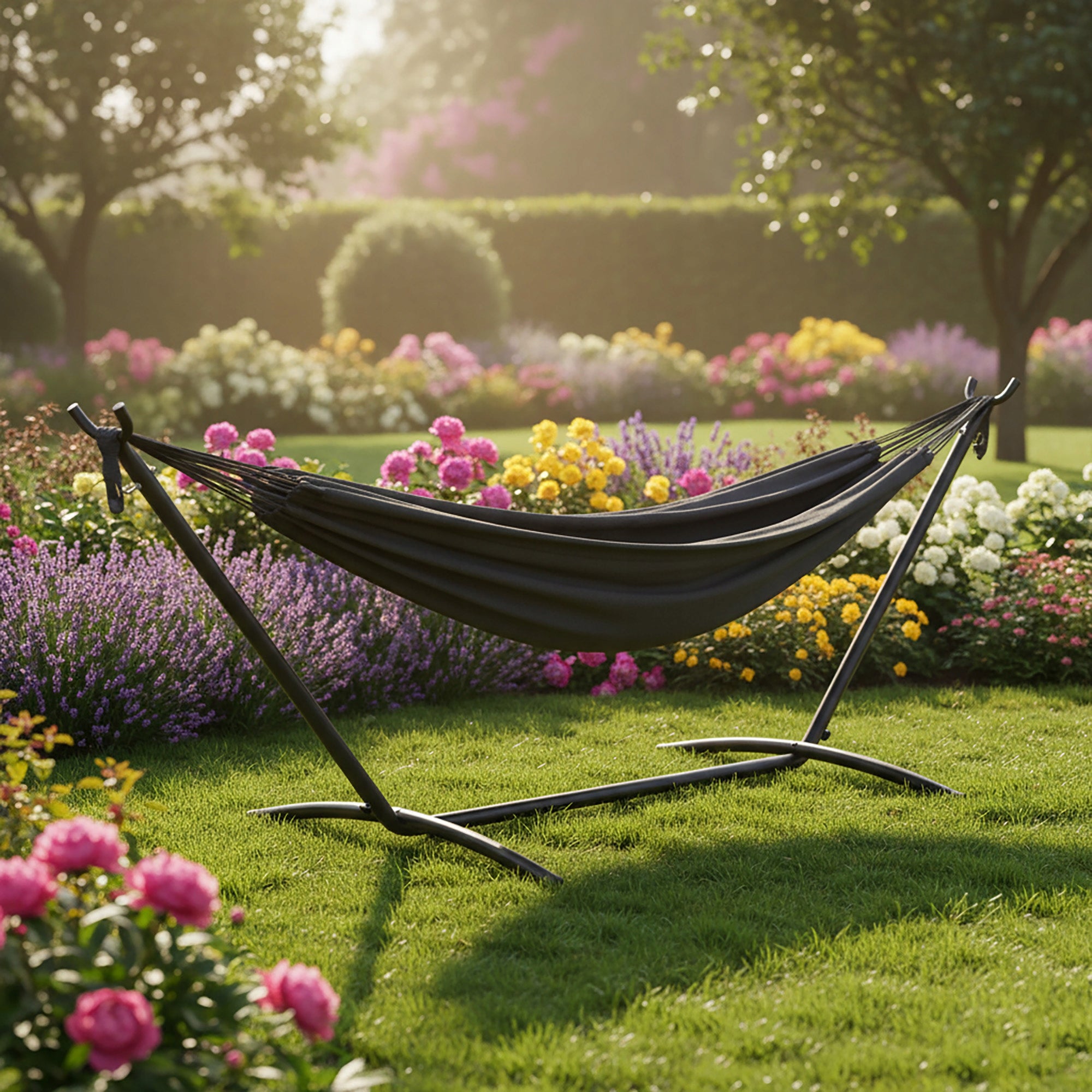 GARDEN HAMMOCK WITH FRAME DOUBLE HAMMOCK STAND STEEL + COVER Model HAMAK OGRODOWY ZE STELAŻEM LEHMANN SIESTA SZARY