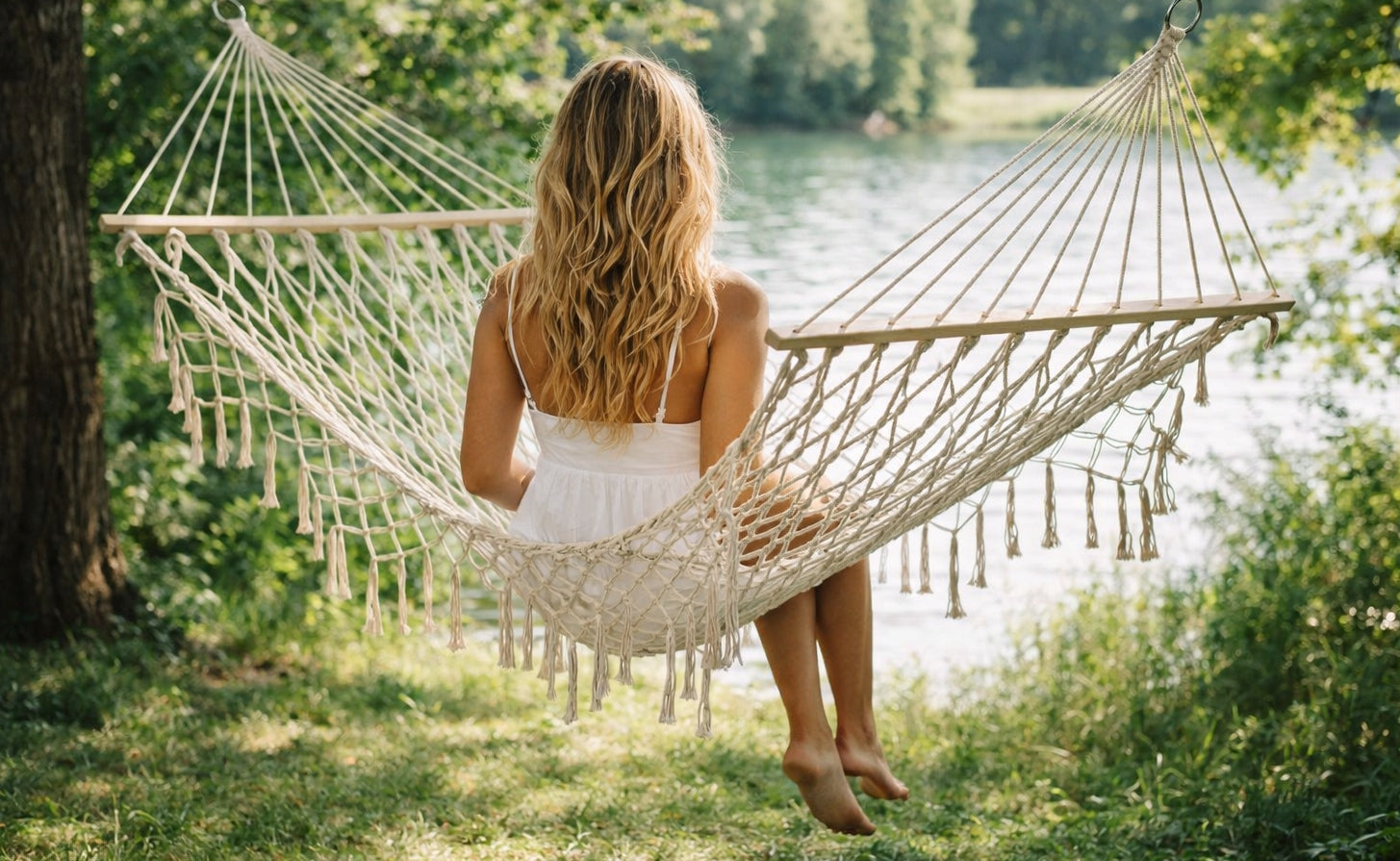 GARDEN HAMMOCK WITH FRINGES BOHO Brazilian ecru for garden terrace 150kg Total length 200 cm