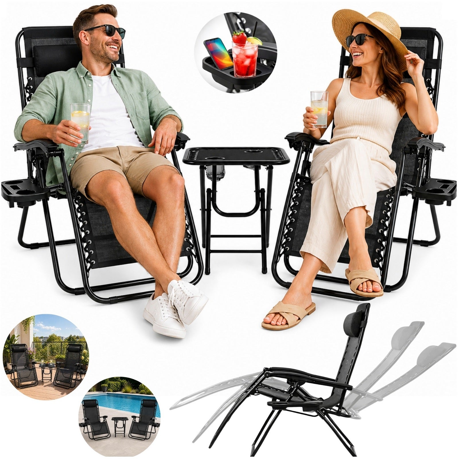 GARDEN LOUNGER 2 PCS SET BEACH CHAIR GRAVITY GRILL TABLE CHAIR