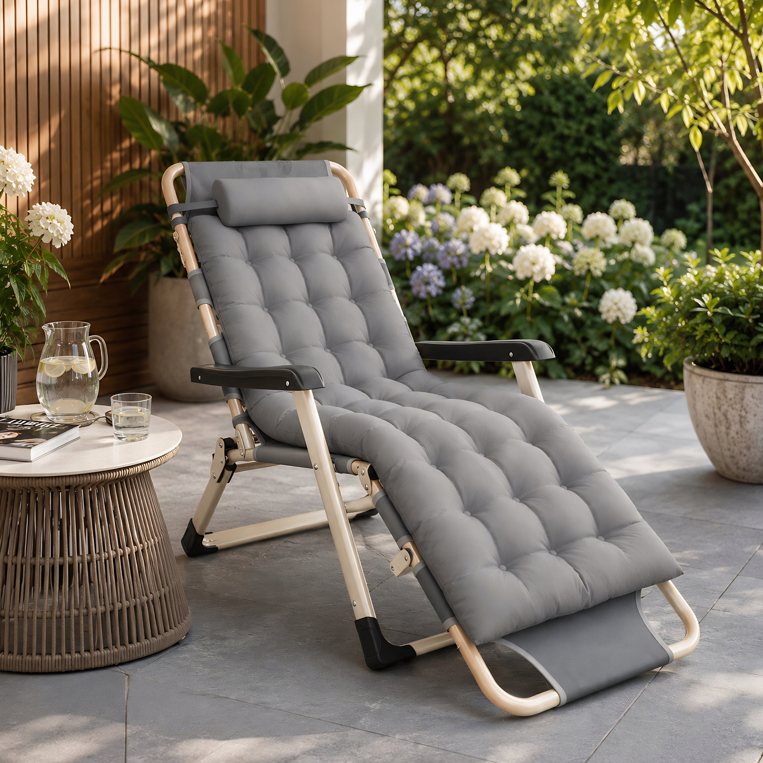 GARDEN LOUNGER BEACH CHAIR FOLDING COMFORTABLE CHAIR WITH CUSHION FOR TERRACE Brand ModernHome