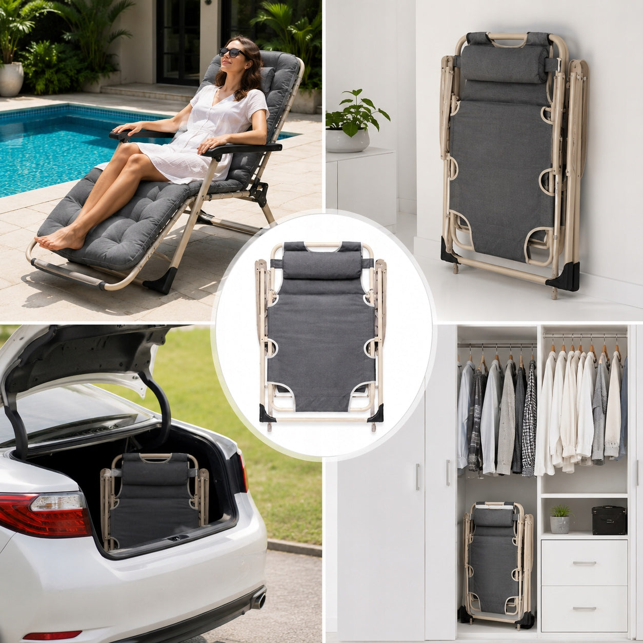 GARDEN LOUNGER BEACH CHAIR FOLDING COMFORTABLE CHAIR WITH CUSHION FOR TERRACE Kind sunbed
