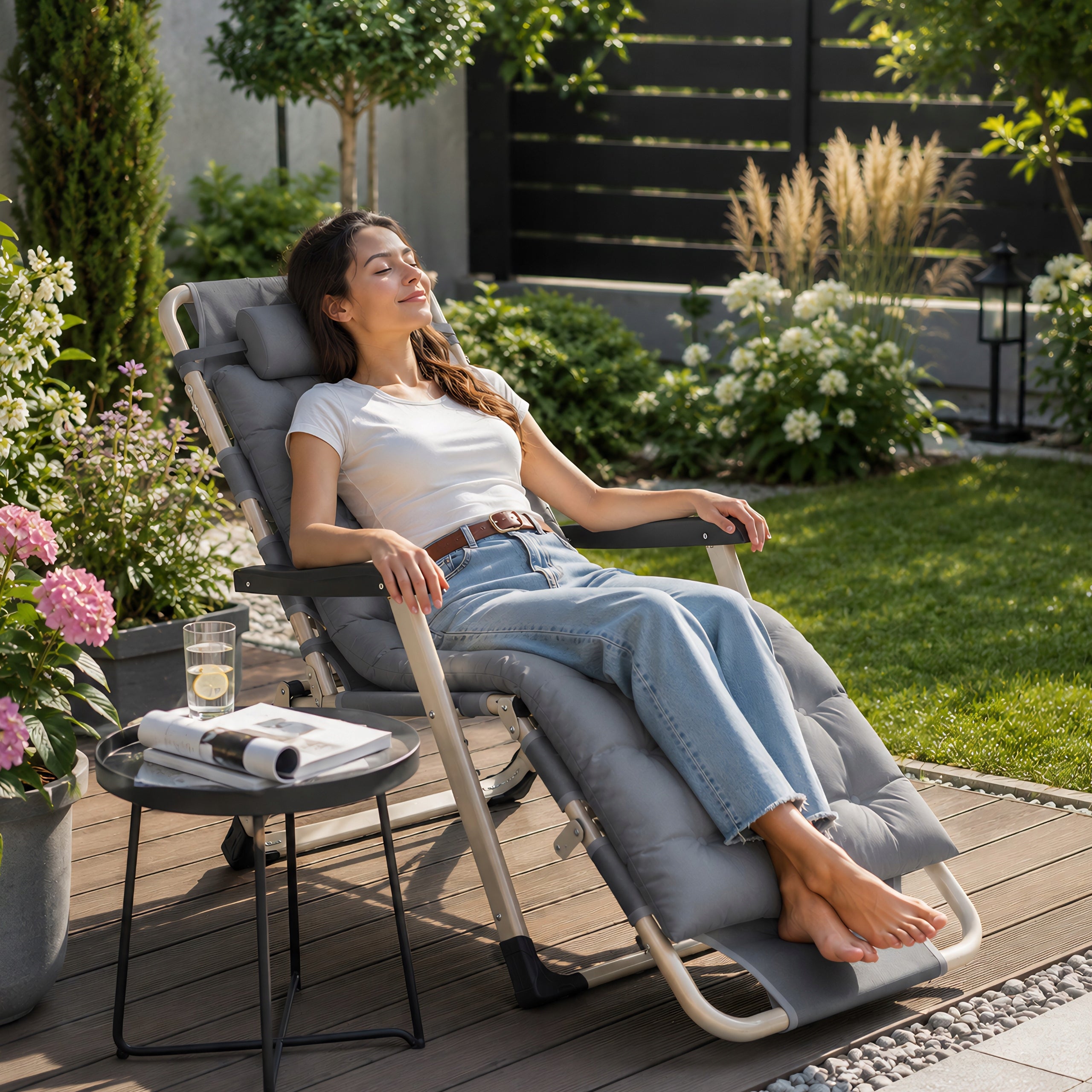 GARDEN LOUNGER BEACH CHAIR FOLDING COMFORTABLE CHAIR WITH CUSHION FOR TERRACE Model LEŻAK NA PLAŻĘ DO OGRODU REGULOWANY SZARY LEŻANKA