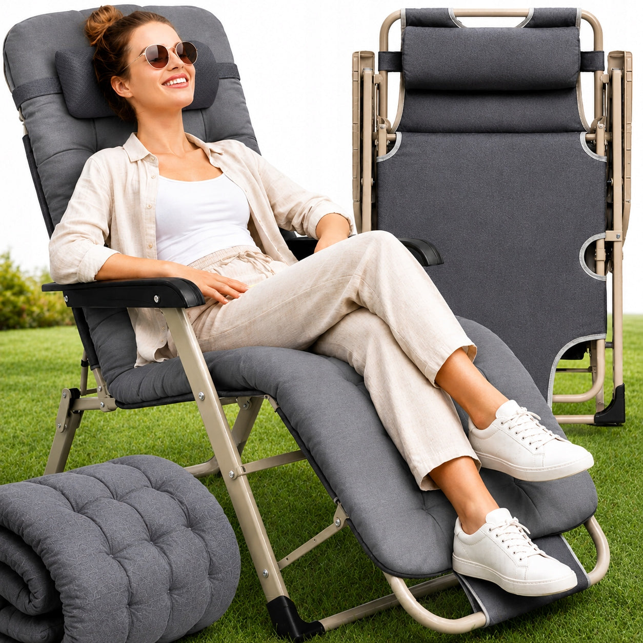 GARDEN LOUNGER BEACH CHAIR FOLDING COMFORTABLE CHAIR WITH CUSHION FOR TERRACE