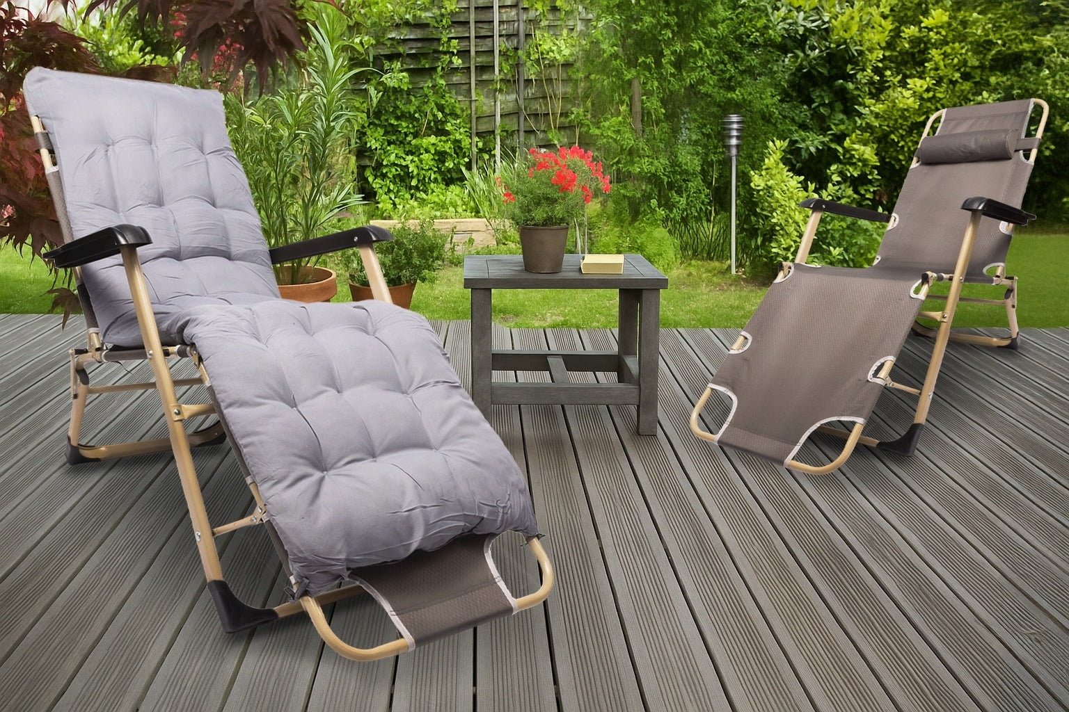 GARDEN LOUNGER FOLDING HIKING CHAIR SOFT CUSHION GREY SOLID Weight 9 kg
