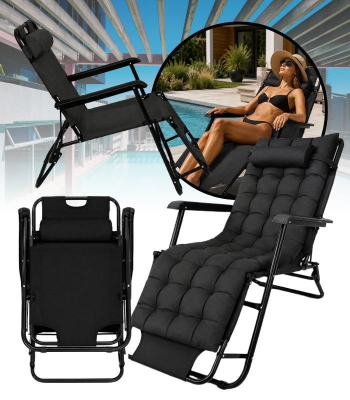 GARDEN LOUNGER GRAVITY BEACH CUSHION FOLDING BLACK ADJUSTABLE