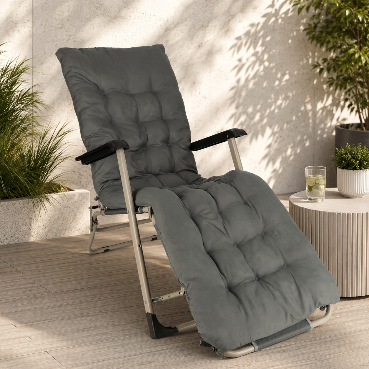 GARDEN LOUNGER HIKING BEACH FOLDING ARMRESTS cushion headrest Manufacturer code Gromitag leżak ogrodowy szary