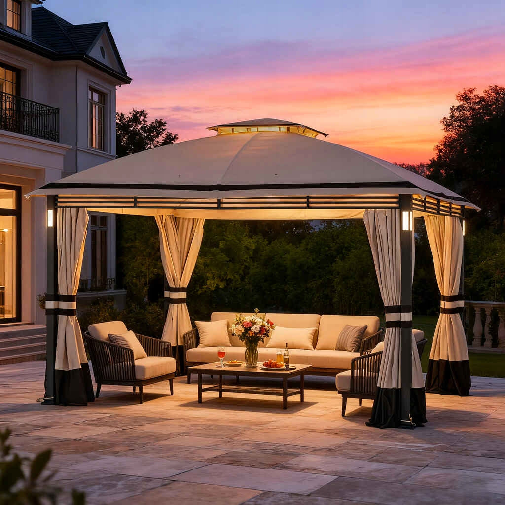 GARDEN PAVILION 3x4 TERRACE CANOPY BEIGE MOSQUITO NETS LED DELUXE CURTAINS Length 3.962 m
