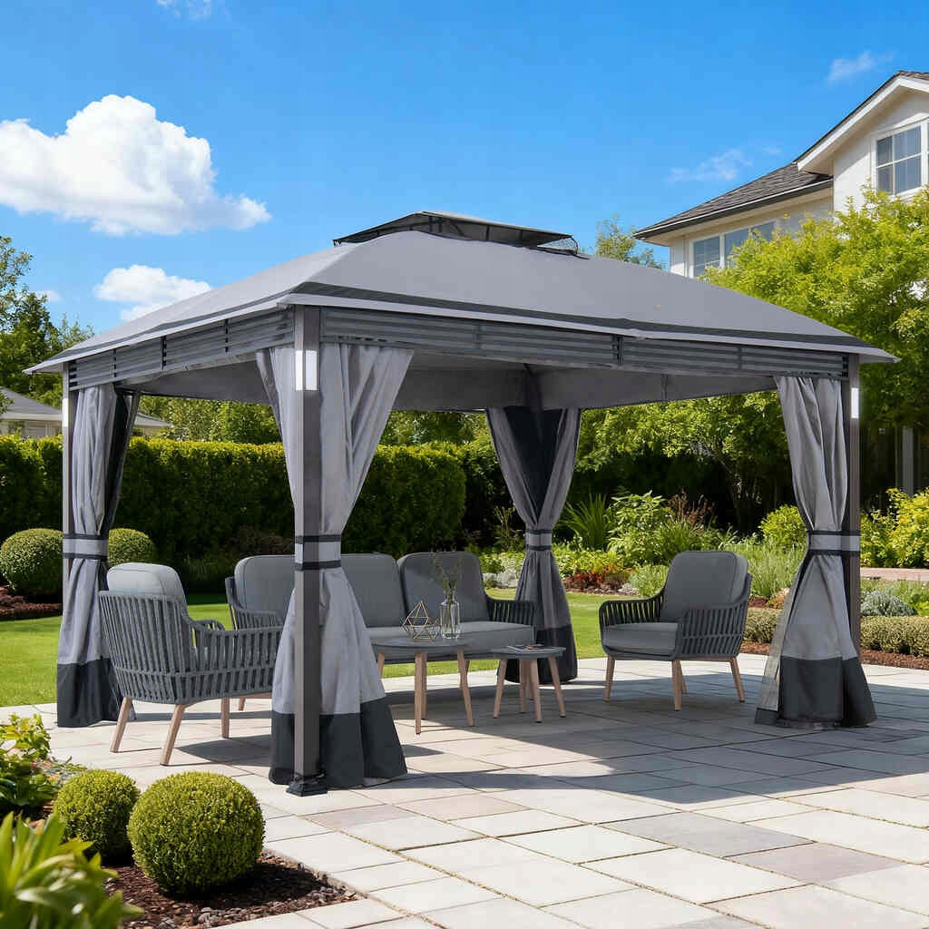 GARDEN PAVILION 3x4 TERRACE CANOPY GREY MOSQUITO NETS LED DELUXE CURTAINS Length 3.99 m