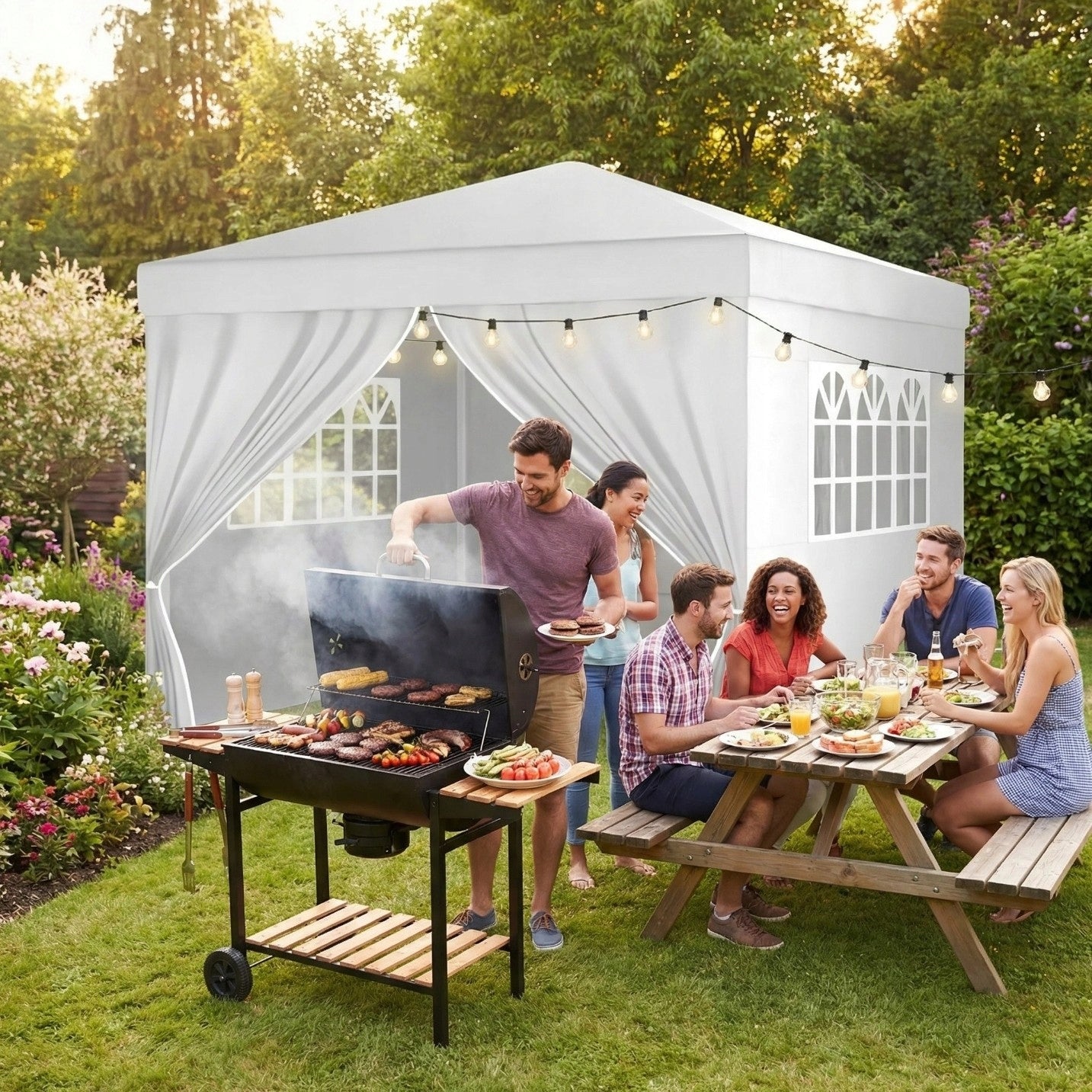 GARDEN PAVILION TENT 3x3 COMMERCIAL PARTY GAZEBO 4 SIDE WALLS WINDOWS Packaging status original