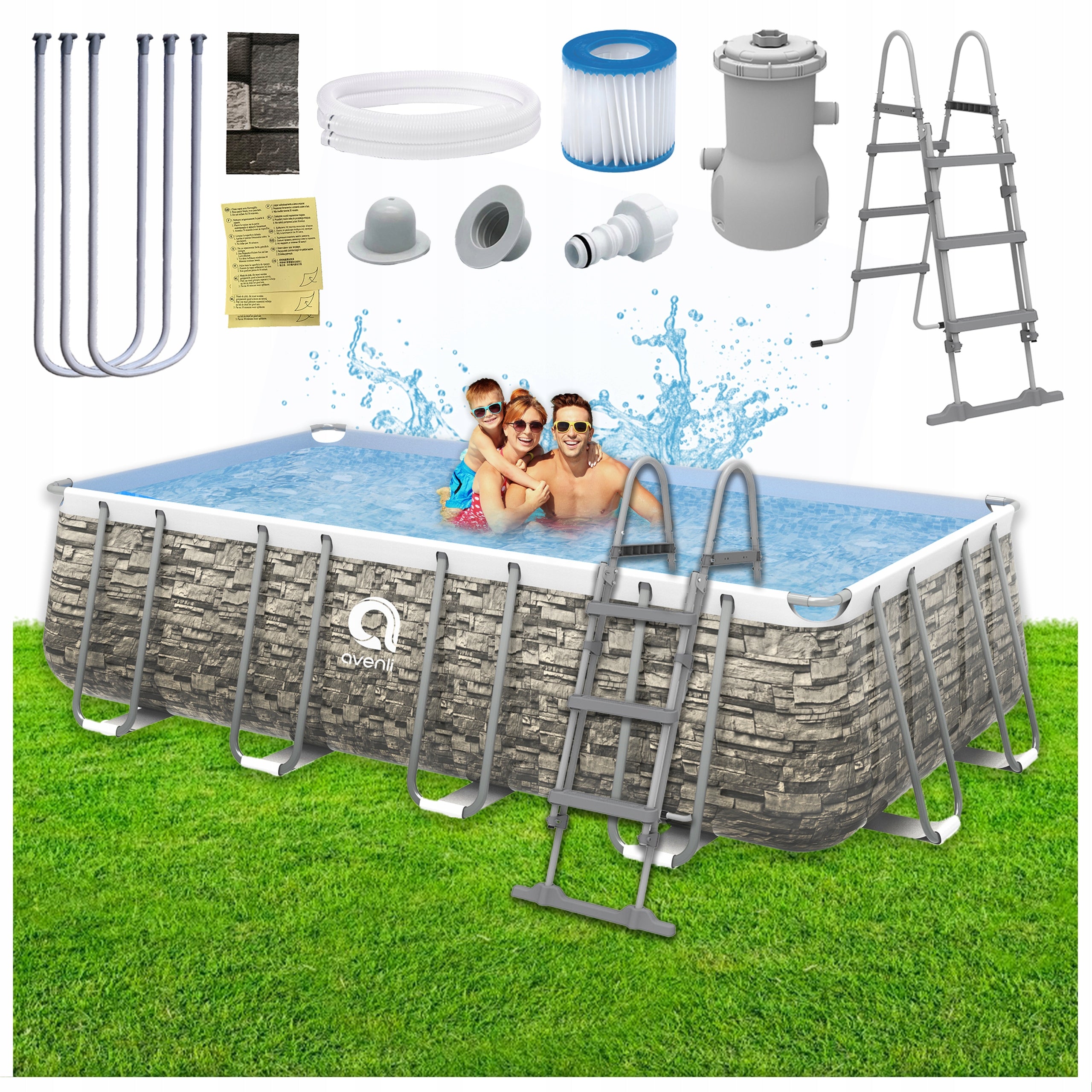 GARDEN RACK POOL RECTANGULAR AVENLI ROCKY PUMP 400x200 SET 10in1