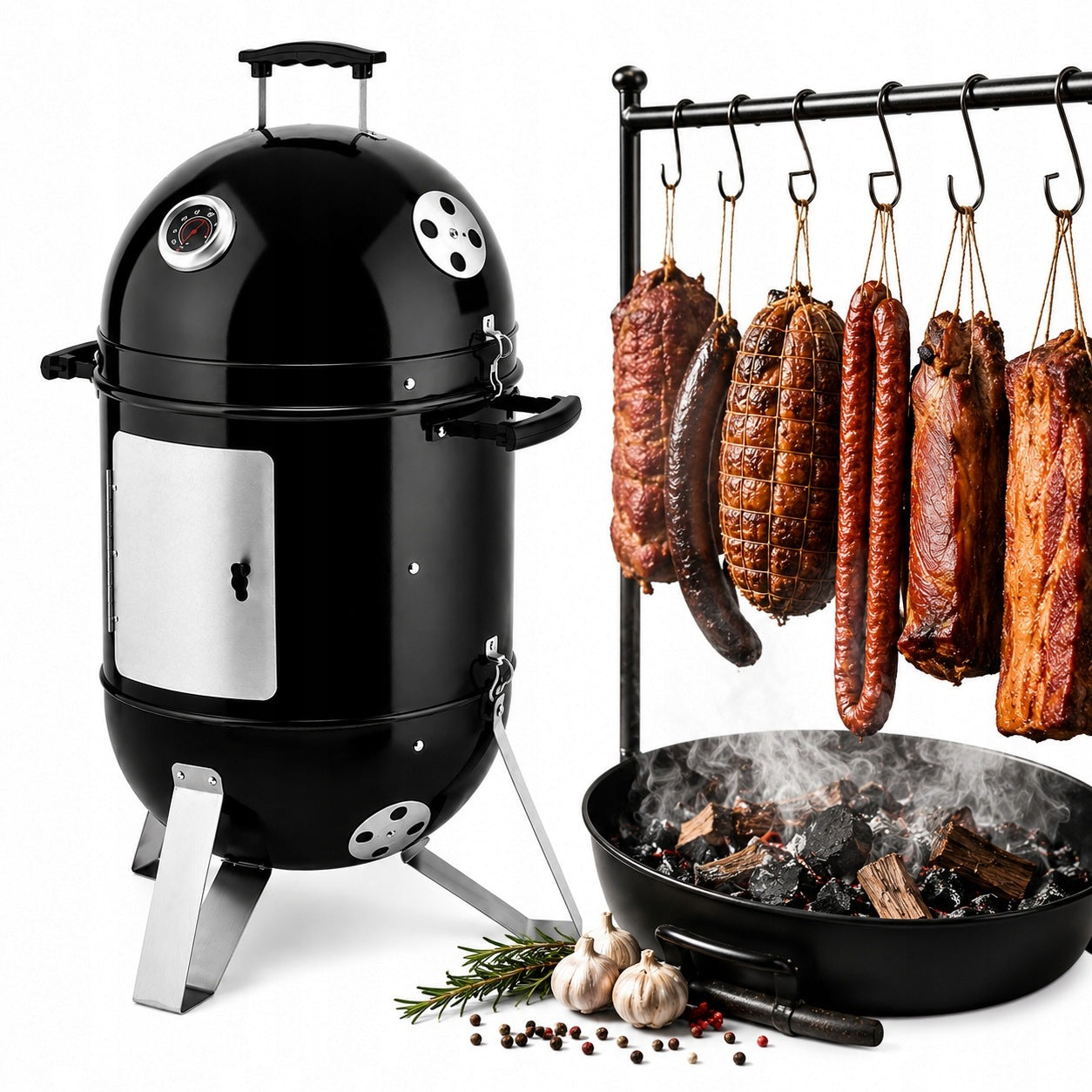GARDEN SMOKEHOUSE GRILL 2IN1 Ø40 CM 3 GRATES WITH CARBON THERMOMETER