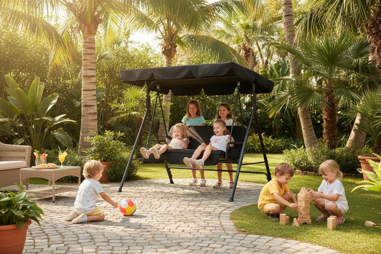 GARDEN SWING 3-SEAT ROCKING BENCH ADJUSTABLE CANOPY CUSHION XXL Seat length 130 cm