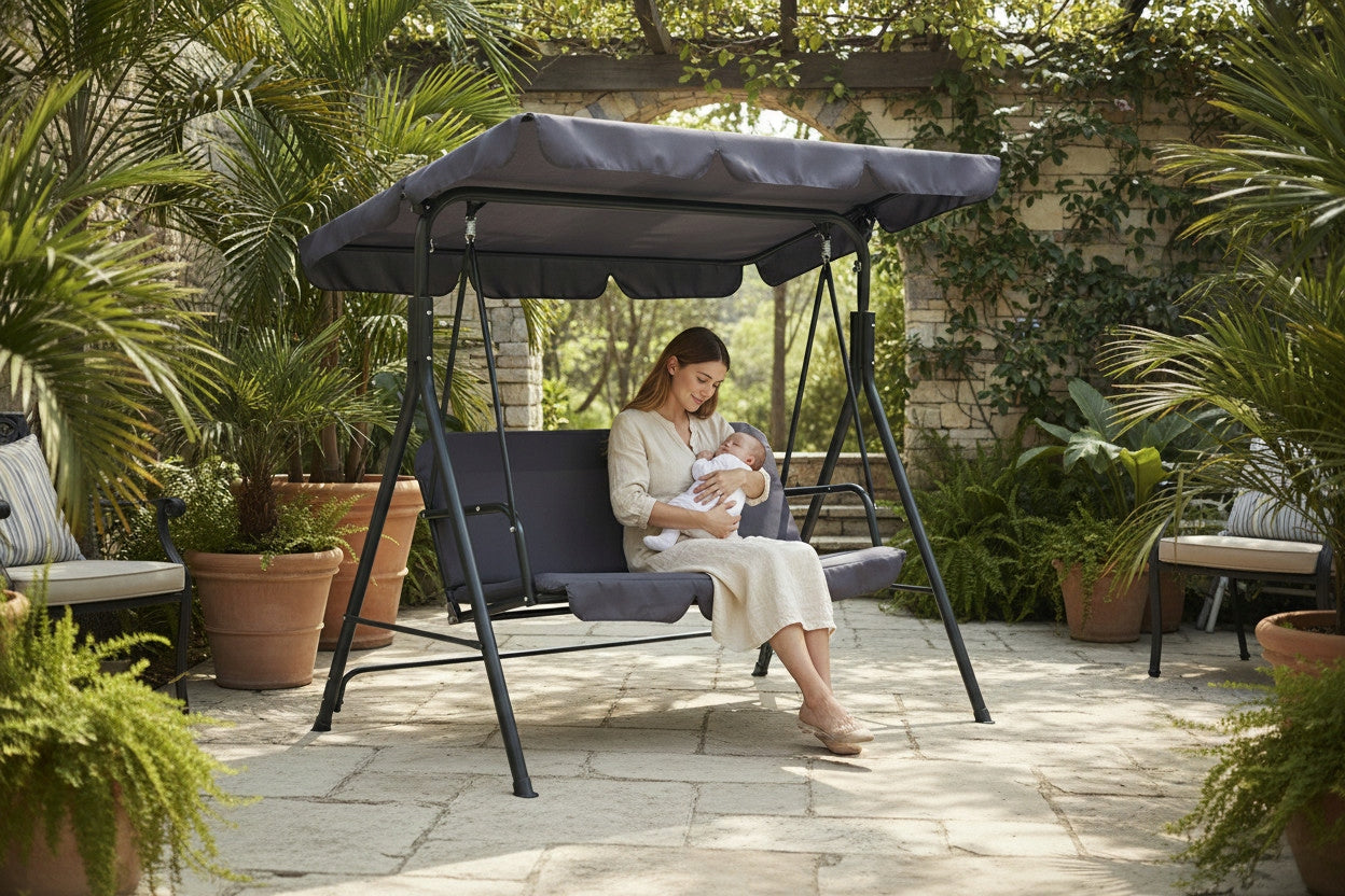 GARDEN SWING 3-SEAT ROCKING BENCH ADJUSTABLE CANOPY CUSHION XXL Seat width 45 cm