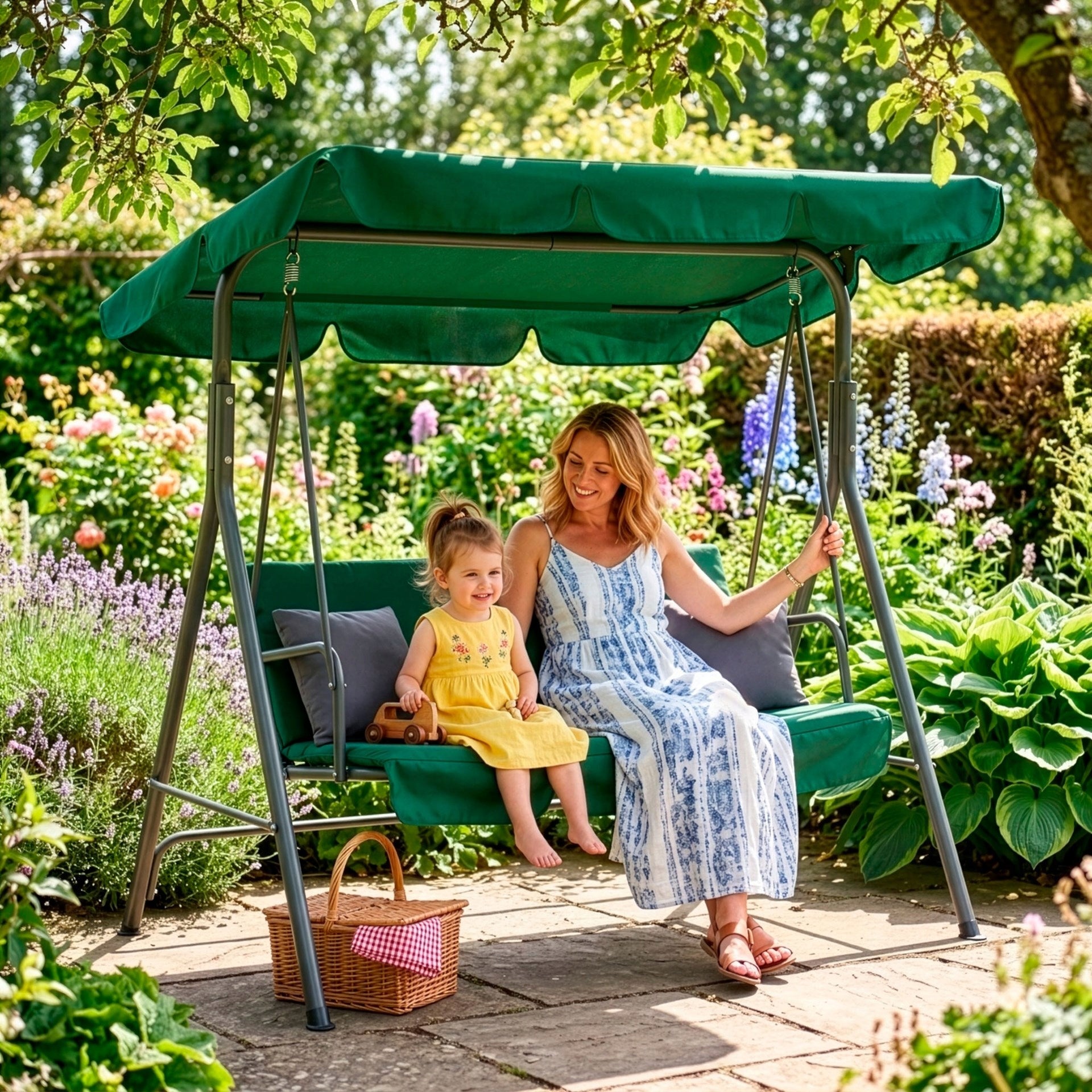 GARDEN SWING LARGE ROCKING BENCH 3-SEATER + PILLOWS GREEN WITH VISOR Packaging status original