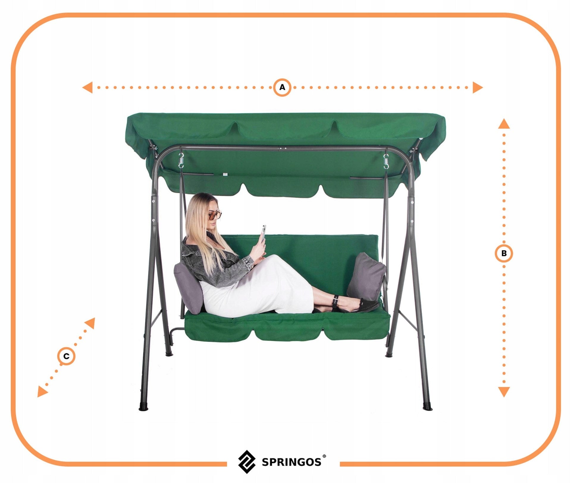 GARDEN SWING LARGE ROCKING BENCH 3-SEATER + PILLOWS GREEN WITH VISOR Seat length 125 cm