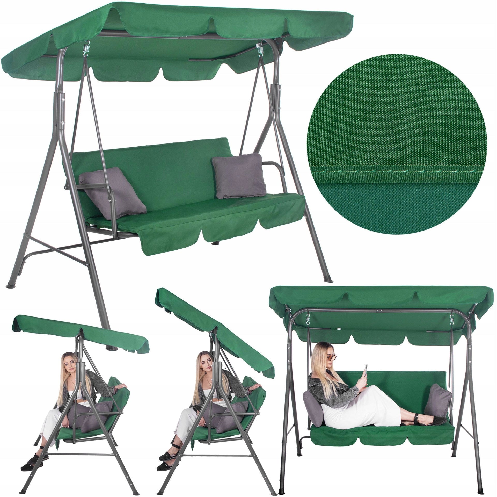 GARDEN SWING LARGE ROCKING BENCH 3-SEATER + PILLOWS GREEN WITH VISOR