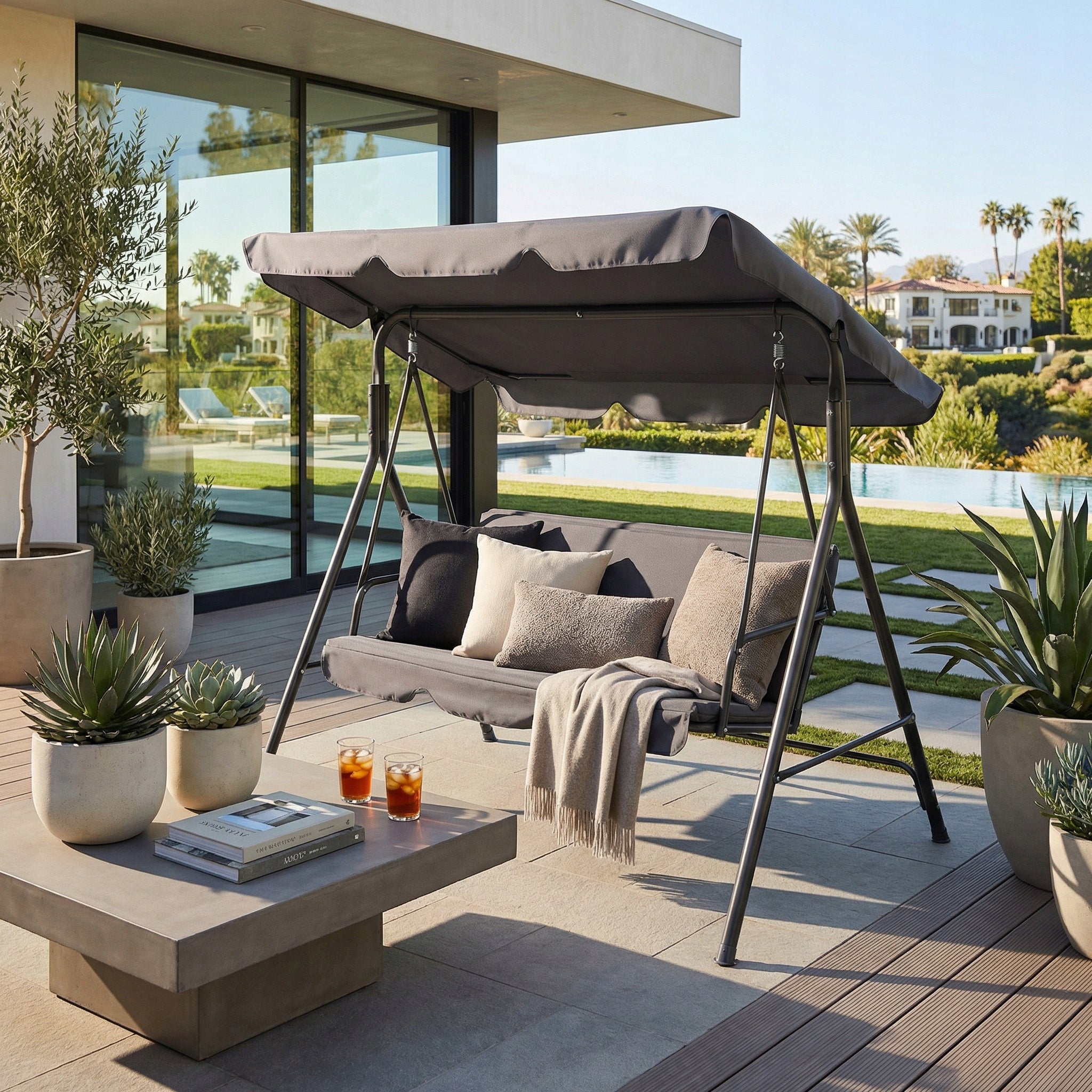GARDEN SWING METAL FREESTANDING 3 SEATER BENCH GREY CANOPY RINO Packaging status original