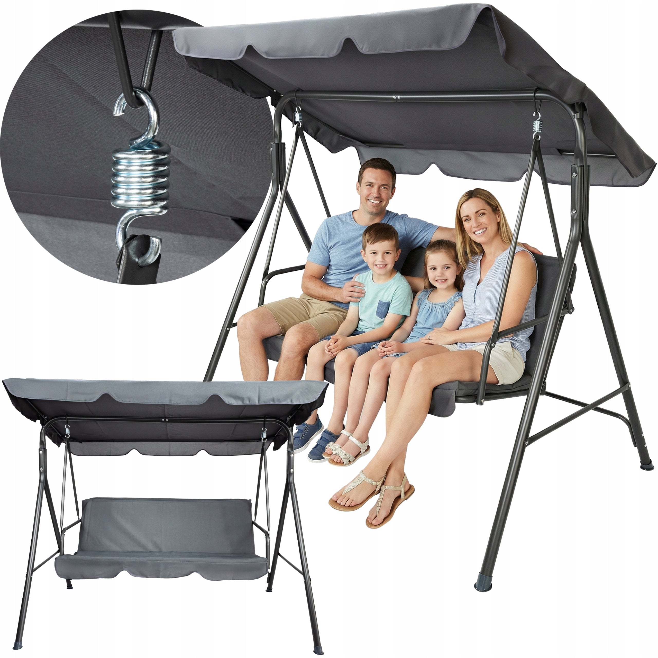 GARDEN SWING METAL FREESTANDING 3 SEATER BENCH GREY CANOPY RINO