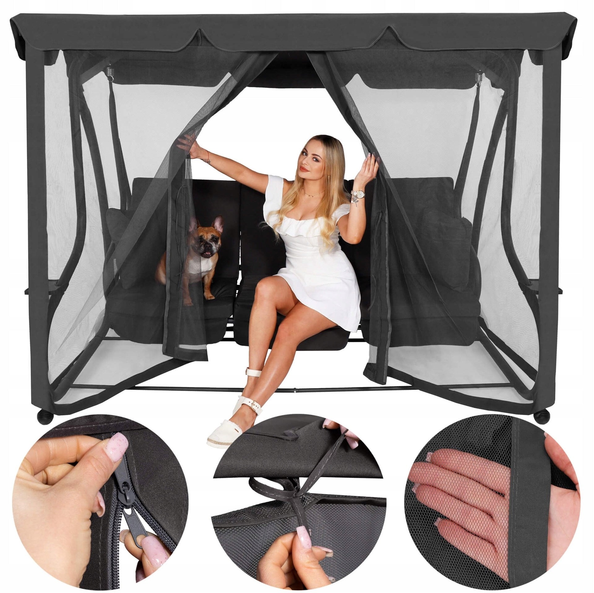 GARDEN SWING MOSQUITO NET FOR GARDEN SWING GREY PROTECTIVE MESH Line MOSKITIERA HUŚTAWKI OGRODOWEJ