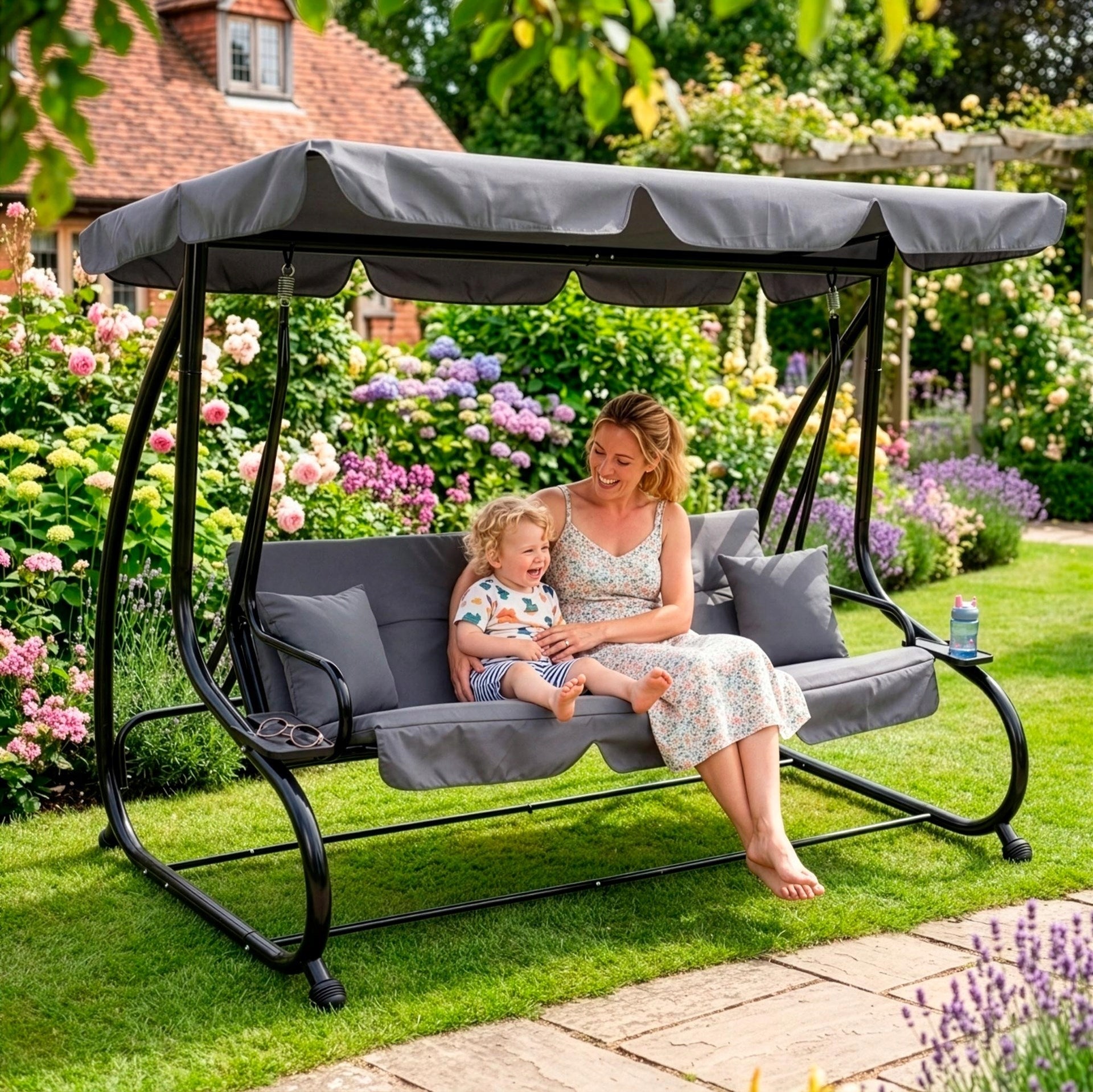 GARDEN SWING ROCKING BENCH 4 SEATER FOLDING 2in1 + CANOPY MATTRESS Line linda