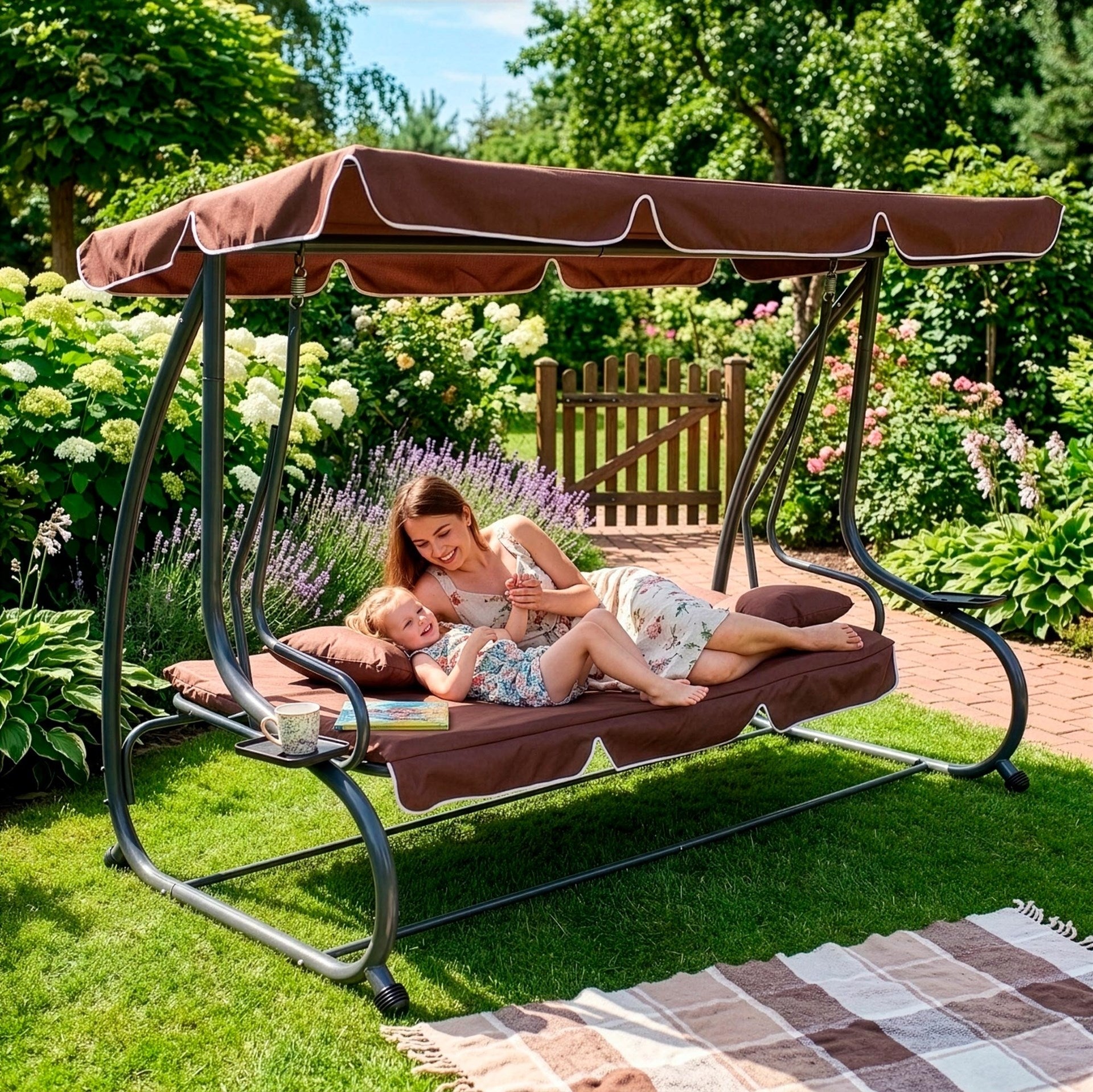 GARDEN SWING ROCKING BENCH 4 SEATER FOLDING 2in1 + VISOR MATTRESS Packaging status original