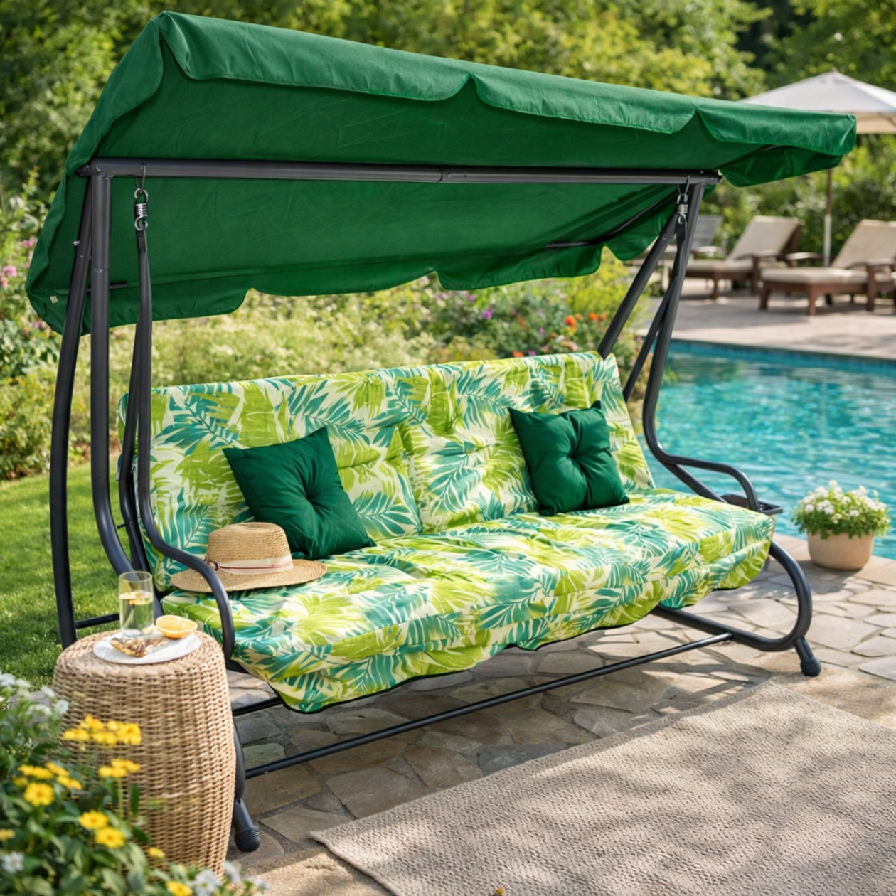 GARDEN SWING ROCKING FREESTANDING CANOPY FOLD-OUT GREEN CUSHIONS Kind freestanding
