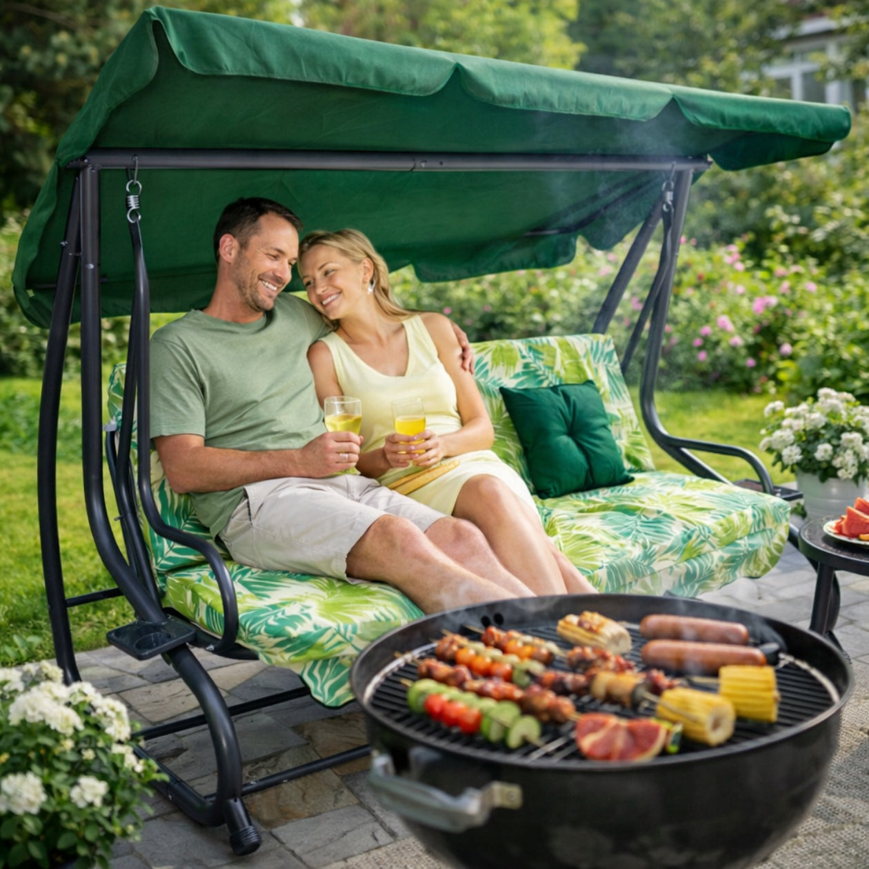 GARDEN SWING ROCKING FREESTANDING CANOPY FOLD-OUT GREEN CUSHIONS Packaging status original