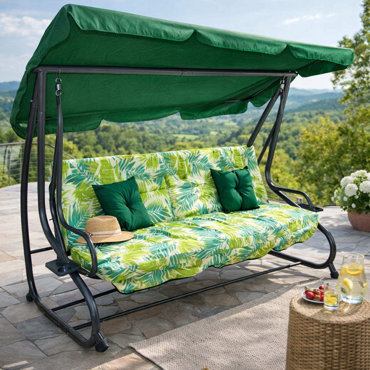 GARDEN SWING ROCKING FREESTANDING CANOPY FOLD-OUT GREEN CUSHIONS Seat length 185 cm