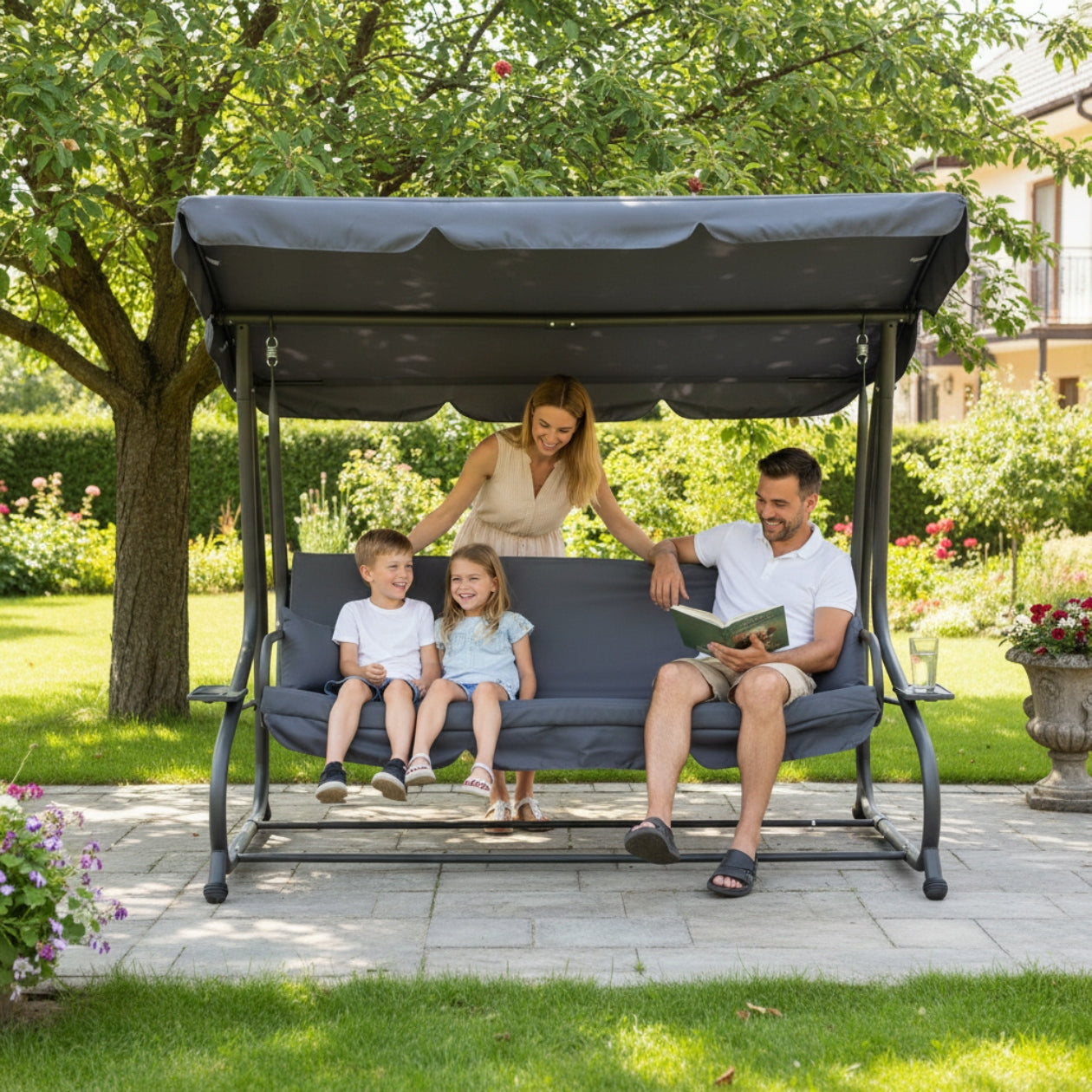 GARDEN SWING ROCKING FREESTANDING CANOPY FOLD-OUT GREY + PILLOWS Seat length 186 cm