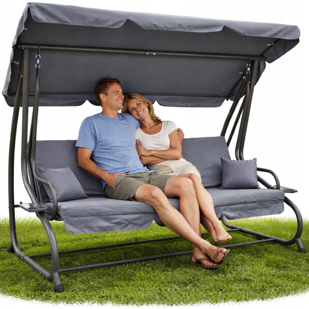 GARDEN SWING ROCKING FREESTANDING CANOPY FOLD-OUT GREY + PILLOWS